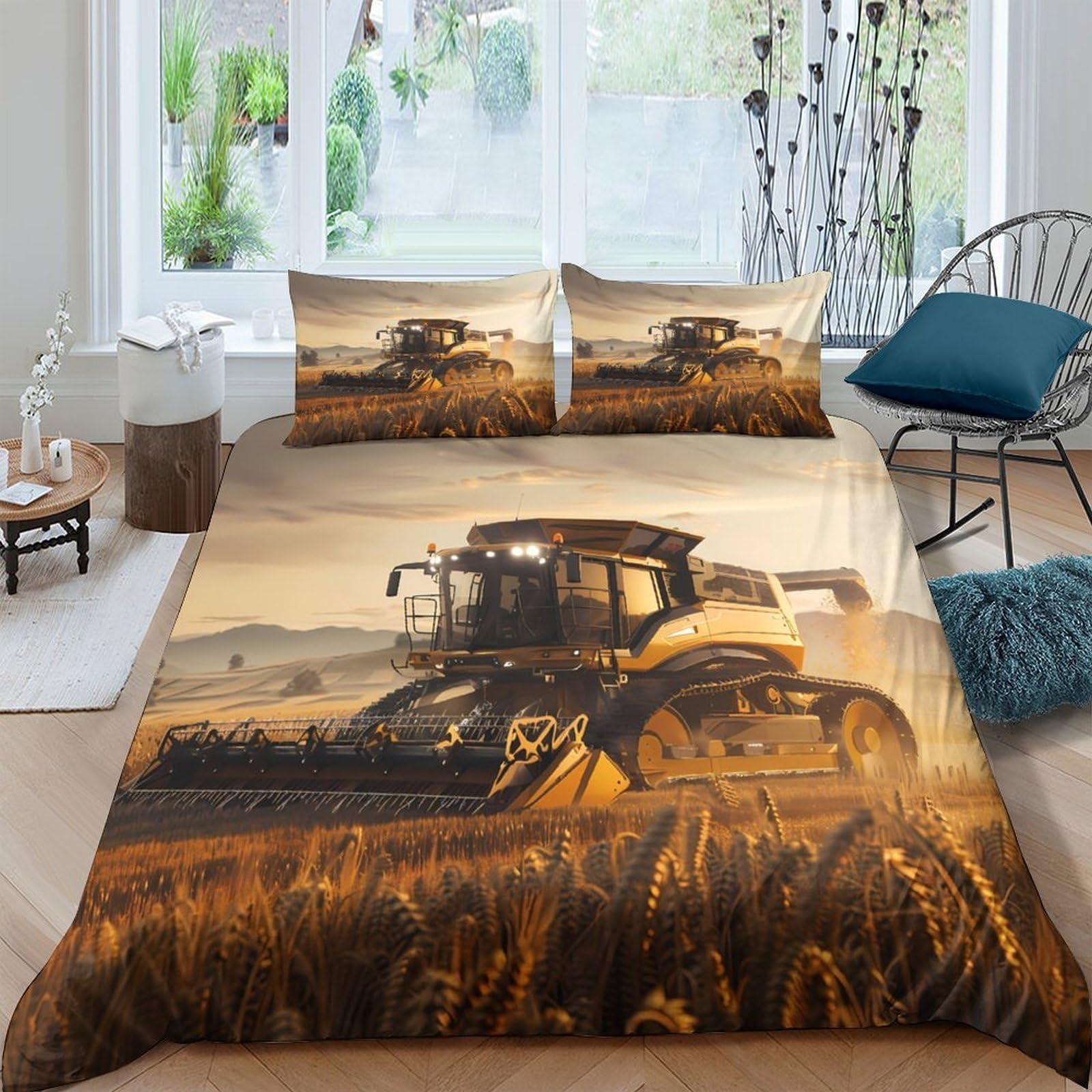 Ctjqhvkz Style-10 3D Printed Wheat Field Fitted Sheet Microfiber Soft Anti-Slip Combine Harvester Mattress Cover For Bedroom Decor Single（135X200cm）
