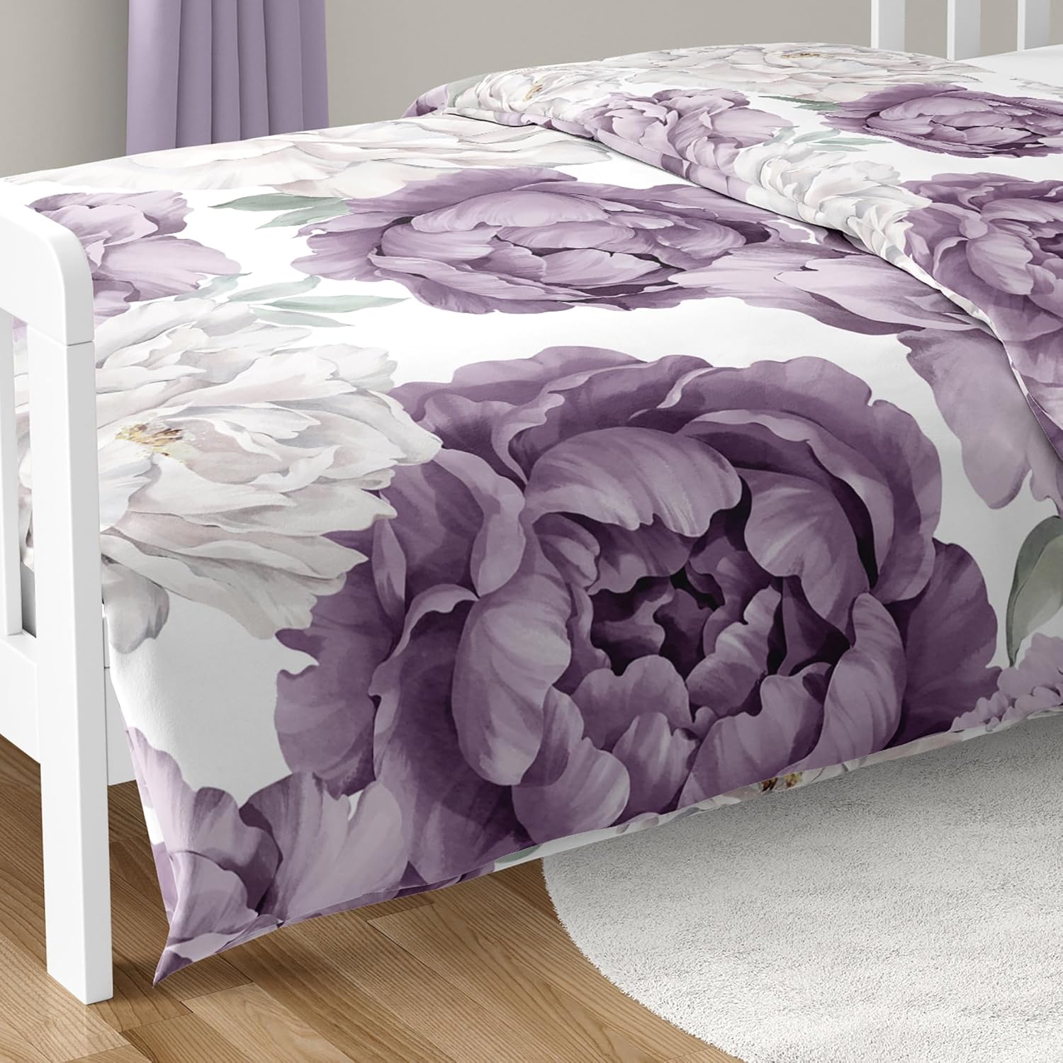 Sweet Jojo Designs Lavender Purple Boho Shabby Chic Floral Girl Toddler Bedding Set Kids Children 5p Bed in a Bag Comforter Blanket Pillowcase Sham Sheets Ivory Bohemian Vintage Watercolor Sage Green