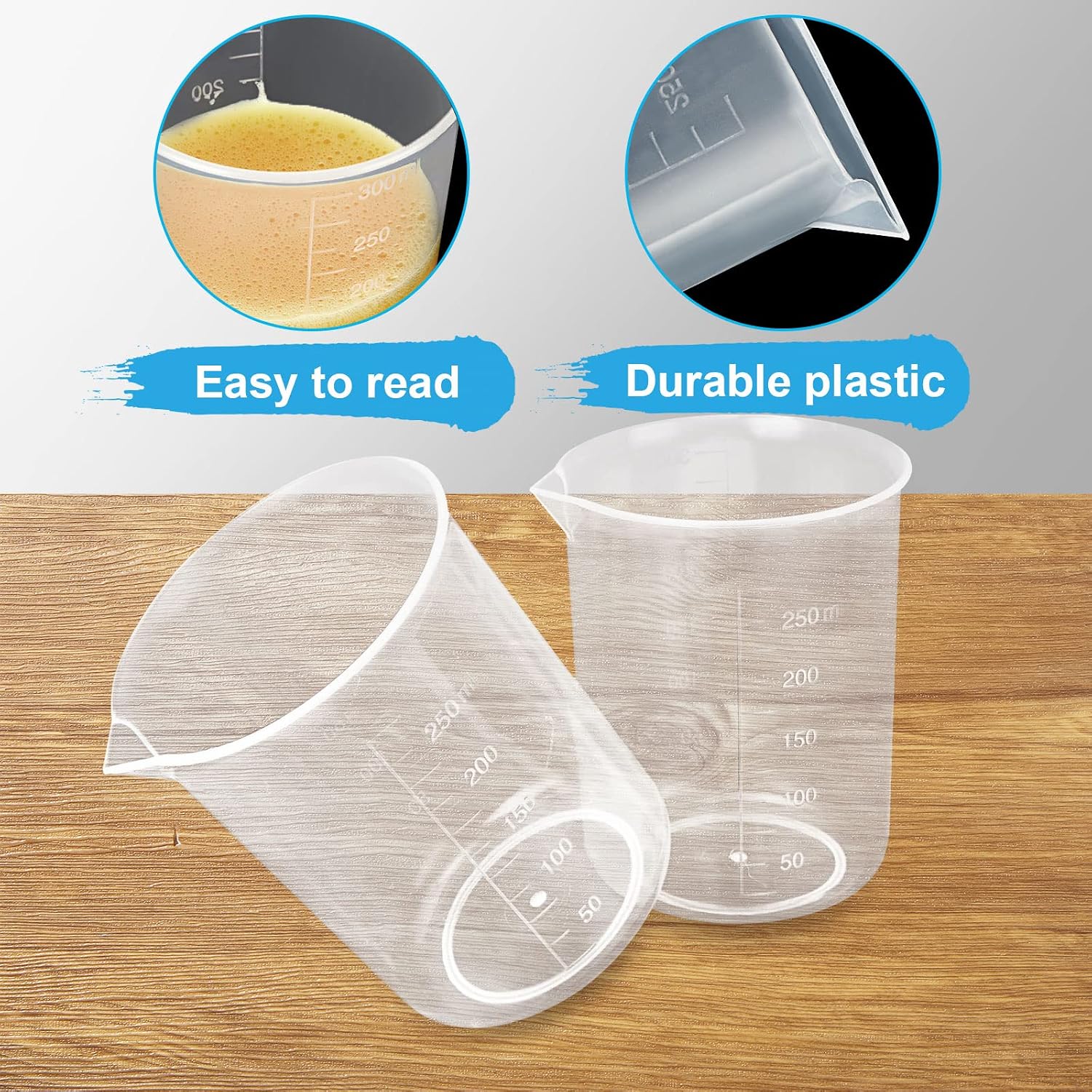 30 Pack 250ml Plastic Graduated Beakers - Clear Mixing Cups with Dripless Spout & Embossed Scale for Epoxy Resin, Paint, Science Lab & Kitchen Use