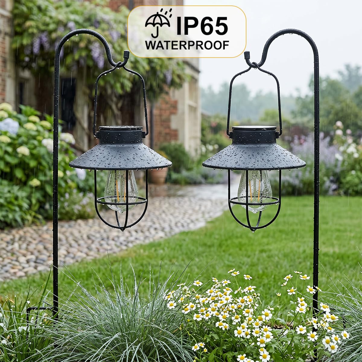 Lanterna nera olare, da appendere, da giardino, con lampadina Edison, confezione da 2 pezzi, include gancio da pastore, regalo ideale per donne, mamma, nonna, esterni, per cortile, patio, cortile