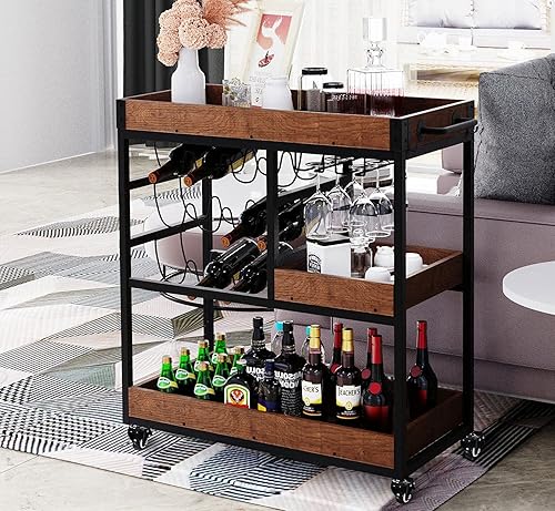 Miniatura 6 de 4 EVER WINNER Carrito de bar para el hogar con estante para vino, carrito de bebidas industrial con ruedas, carritos de servicio para el hogar
