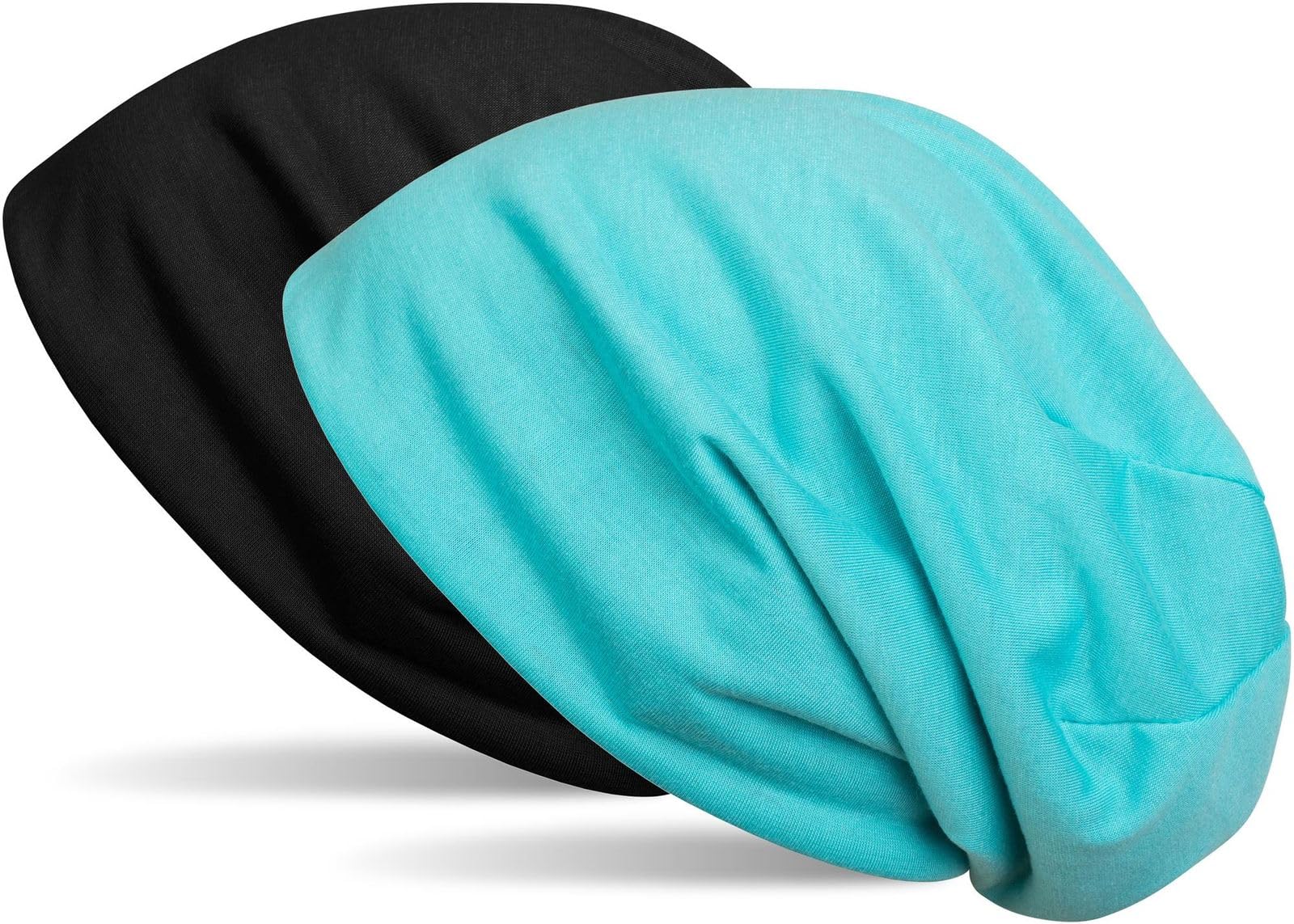 Stylebreaker Women's Black / Turquoise Beanie Reversible Cap In Plain Colours, Slouch Cap, Light And Soft, Longbeanie, Unisex 04024115, Colour:black/Turquoise