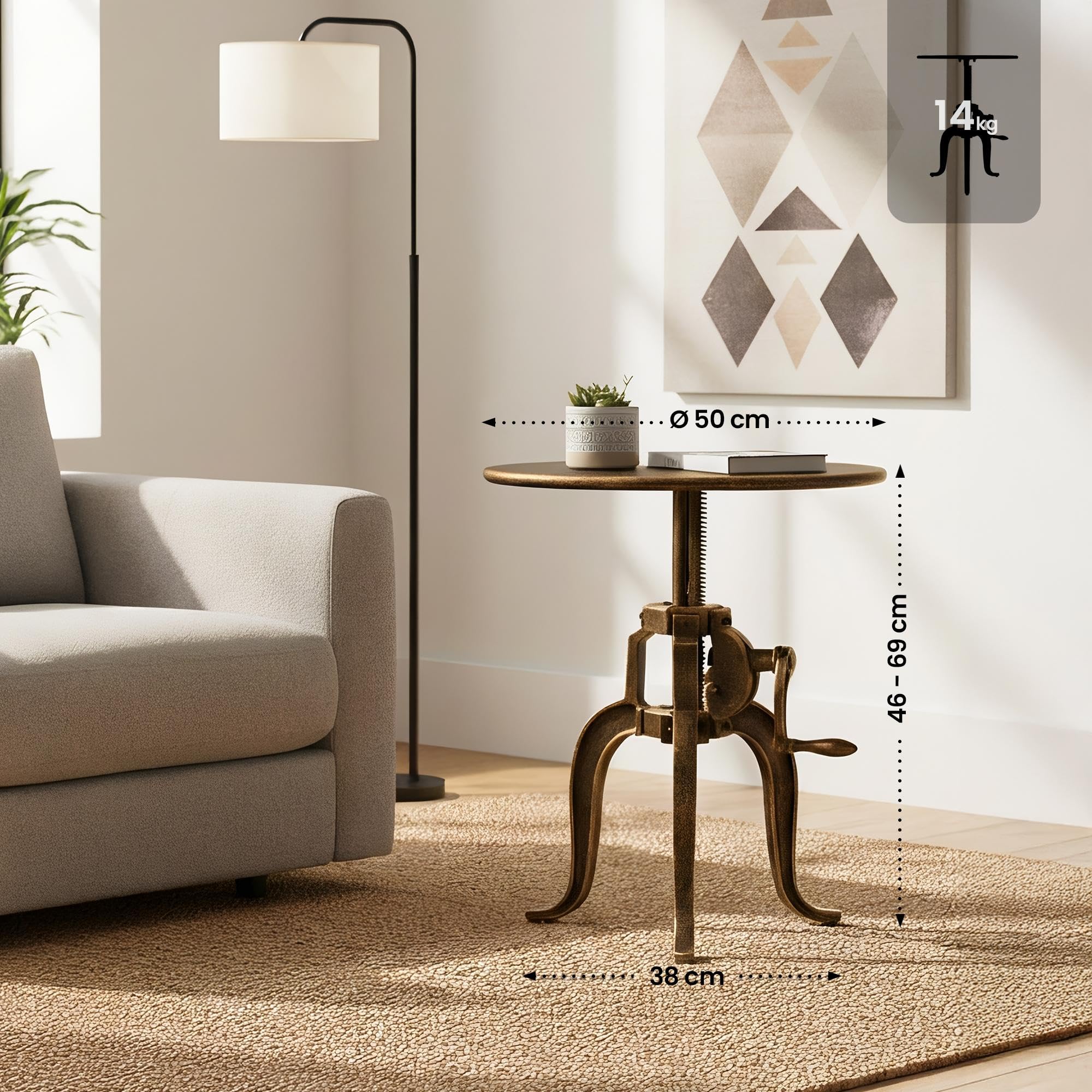 CLP Beistelltisch Couch höhenverstellbar Marcos, Couchtisch rund Metall 50 cm Durchmesser für Wohnzimmer und Esszimmer, Industrial Stil, Farbe:Bronze