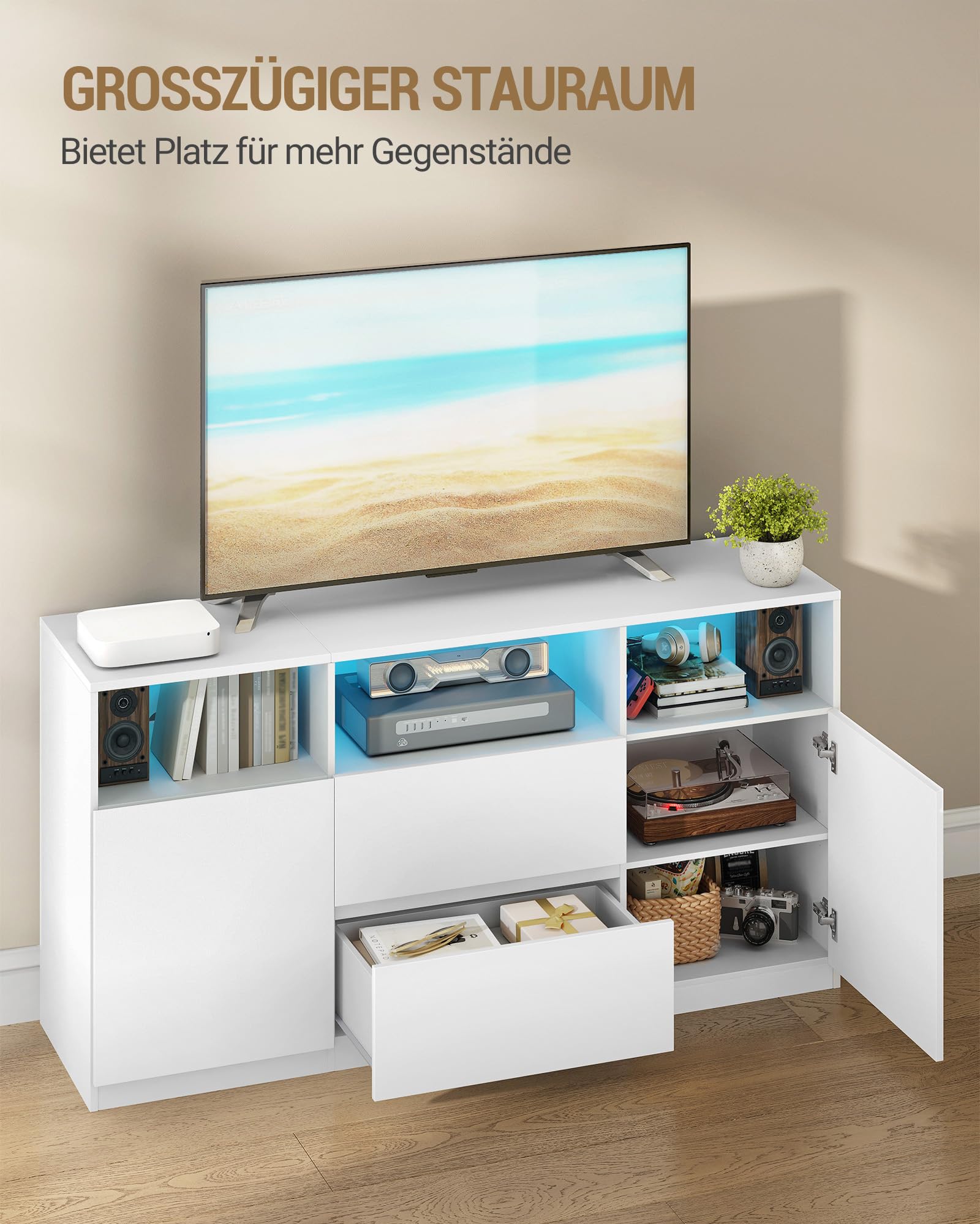 Hzuaneri TV-Schrank mit RGB LED-Beleuchtung(25 Farben), Fernsehschrank für Fernseher bis 65 Zoll, Sideboard mit 2 Schubladen 3 offenen Fächern, für Wohnzimmer Schlafzimmer, Weiß TV17003XEU