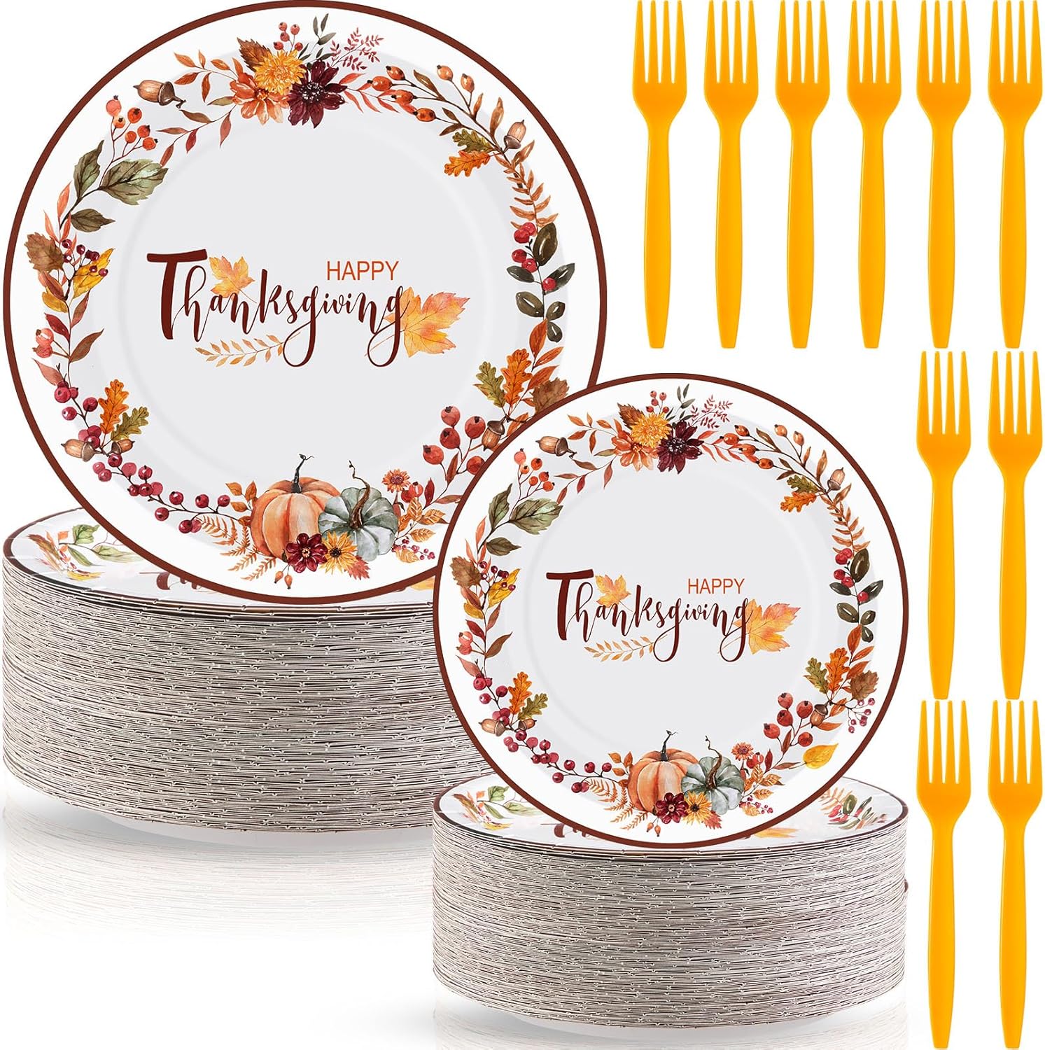 Havawish 180 PCS Fall Paper Plates and Forks Pumpkin Flower Wreath Plate Thanksgiving Disposable Plates Bulk Include 7 Inch 9 Inch Fall Wreath Harvest Party Tableware Set for Theme Party Supplies