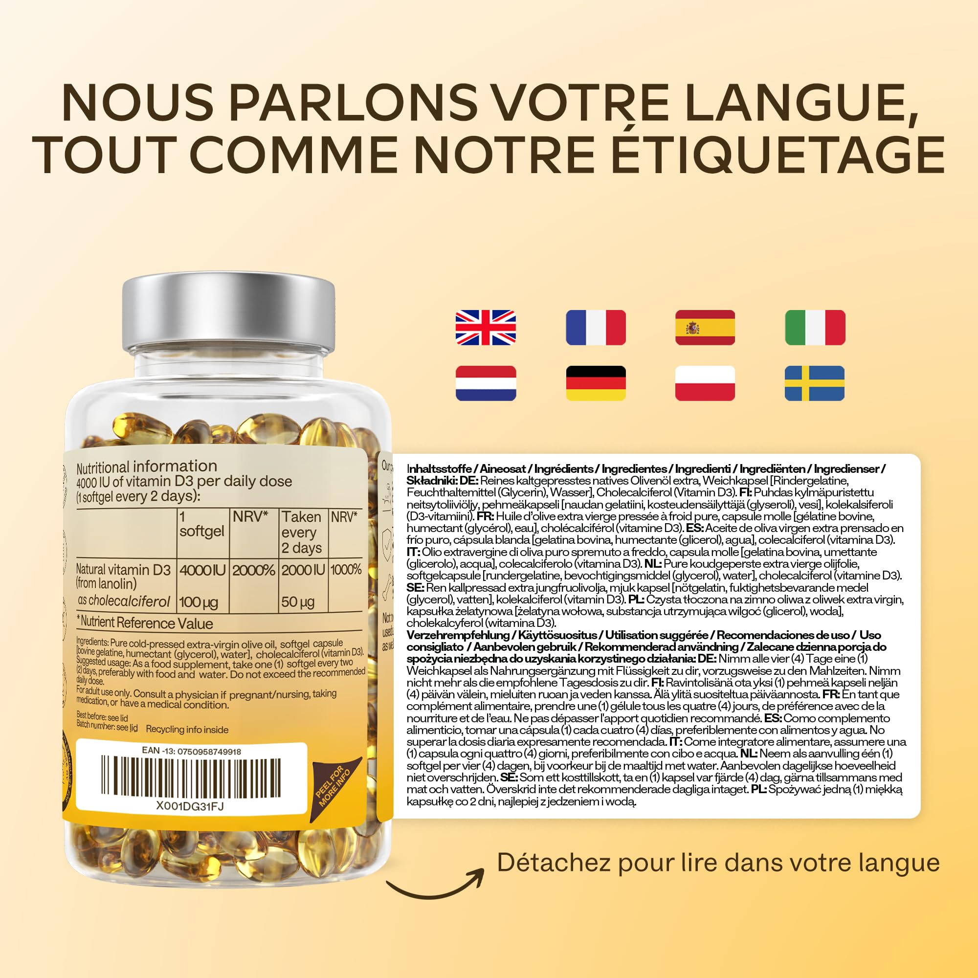 Vitamine D3 4000 UI - Vitamine D avec Huile d’Olive Extra Vierge pour Absorption Optimale - Vitamines sans OGM, sans Gluten et Lactose pour les Fonctions Osseuse, Musculaire, Immunitaire - 365 Gélules