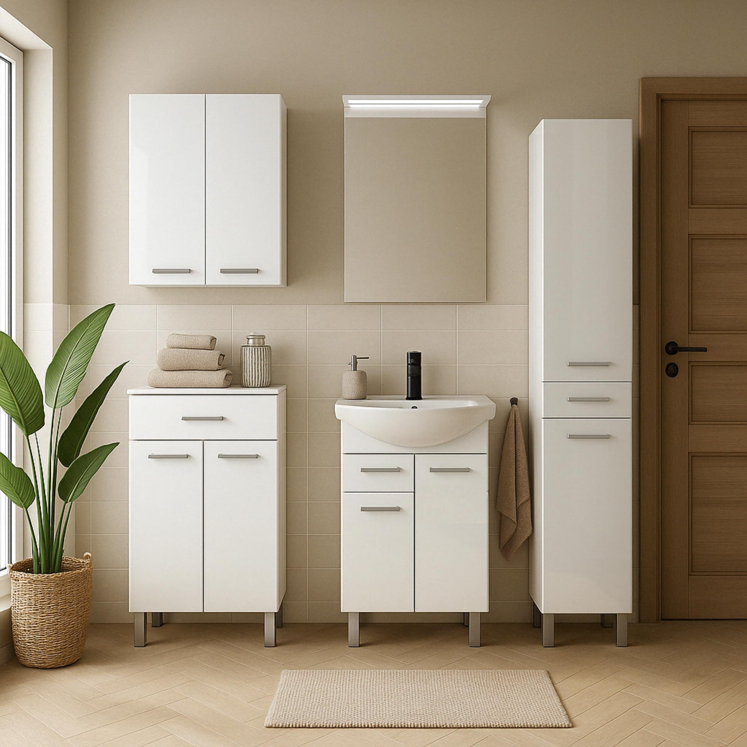 .Deftrans Badezimmerschrank mit Waschbecken 80 x 50 x 30 cm Stehend Badezimmerschrank mit Schublade und Unterschrank, lackiert, Elegantes Set mit Keramikwaschbecken