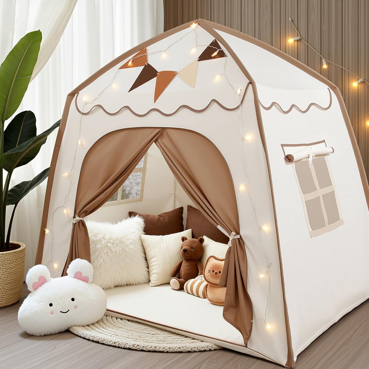 Kids Play Tent & Toddler Bed Tent, with Flags, Star String, Portable Bed Canopy for Boys & Girls, Children, Indoor Outdoor Teepee Dome Playhouse, 53" x 39" x 49"