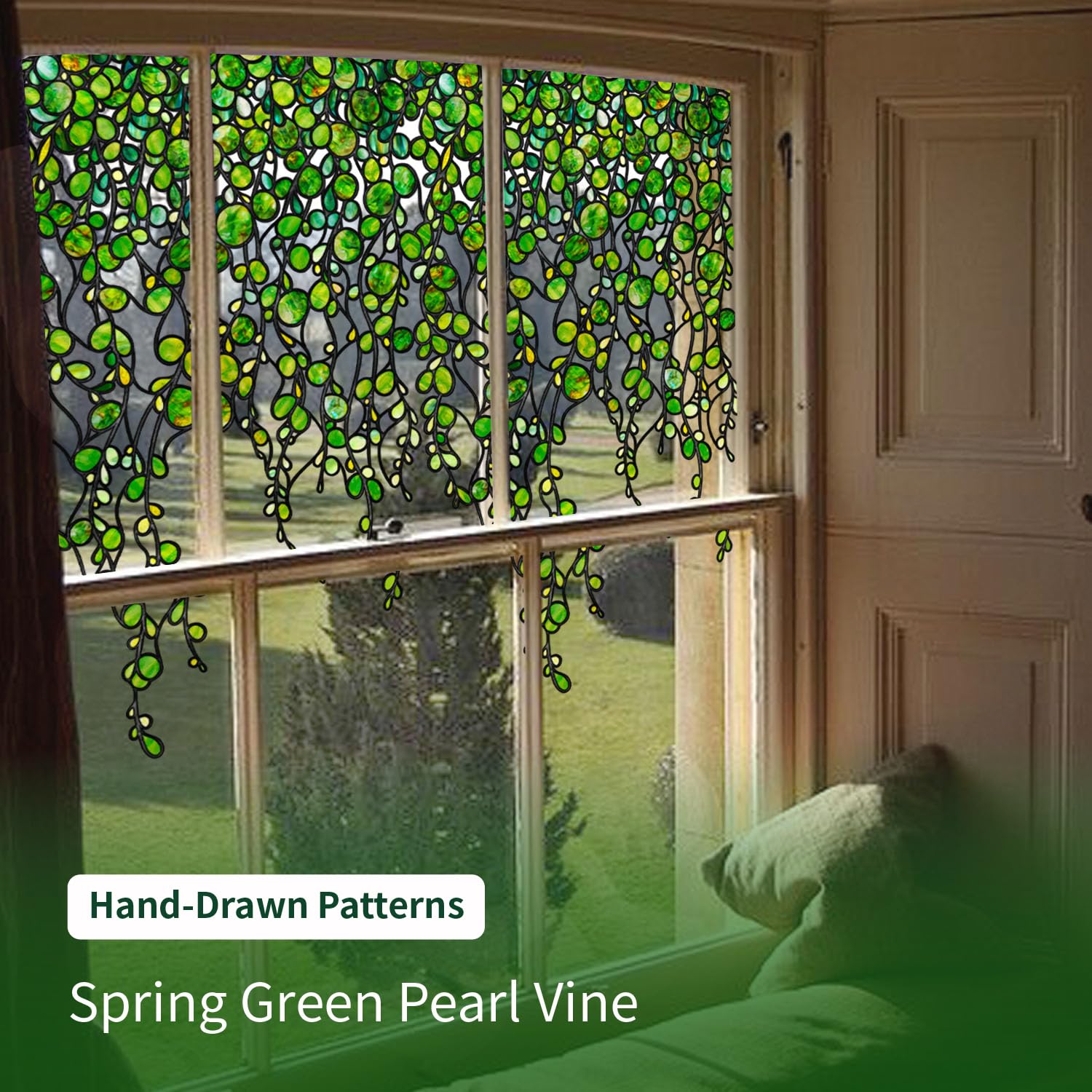 Static Cling Window Privacy Film - Green Stained Glass Decal, 90x58cm, No Glue Needed