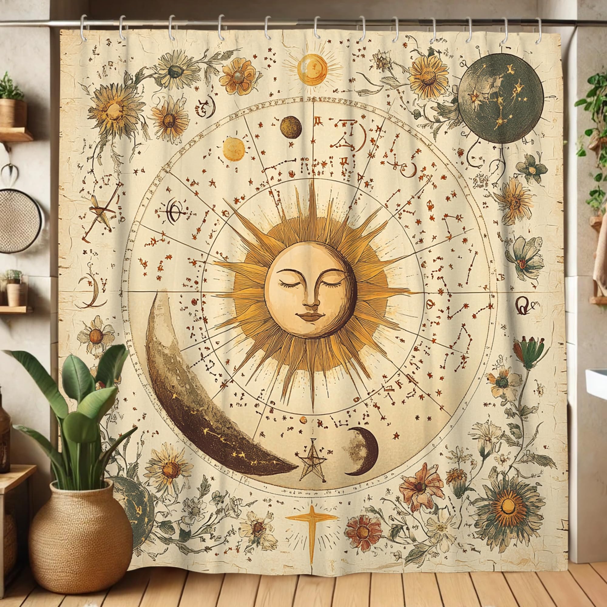 Celestial Shower Curtain, Vintage Sun Moon Stars Floral Bathroom Decor, All Seasons Bohemian Waterproof Fabric Shower Curtain Set with Hooks 72x78 Inch
