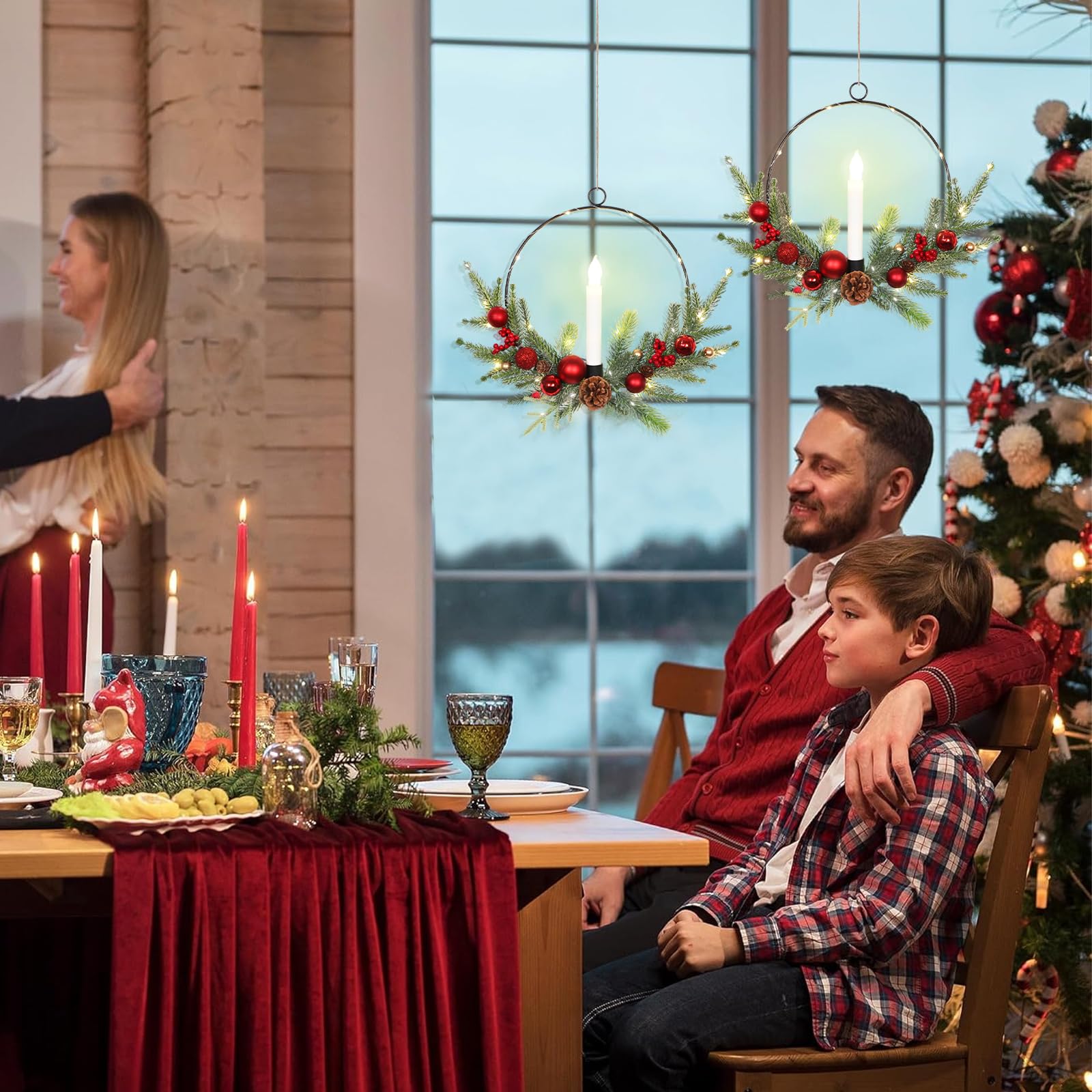 Dremisland Juego de 2 Corona Navidad Puerta con Luces 40cm Coronas de Navidad con Velas Corona de Adviento con Piñas Bayas Guirnalda Navidad Corona Artificial Decoración Navideña Chimenea Ventana