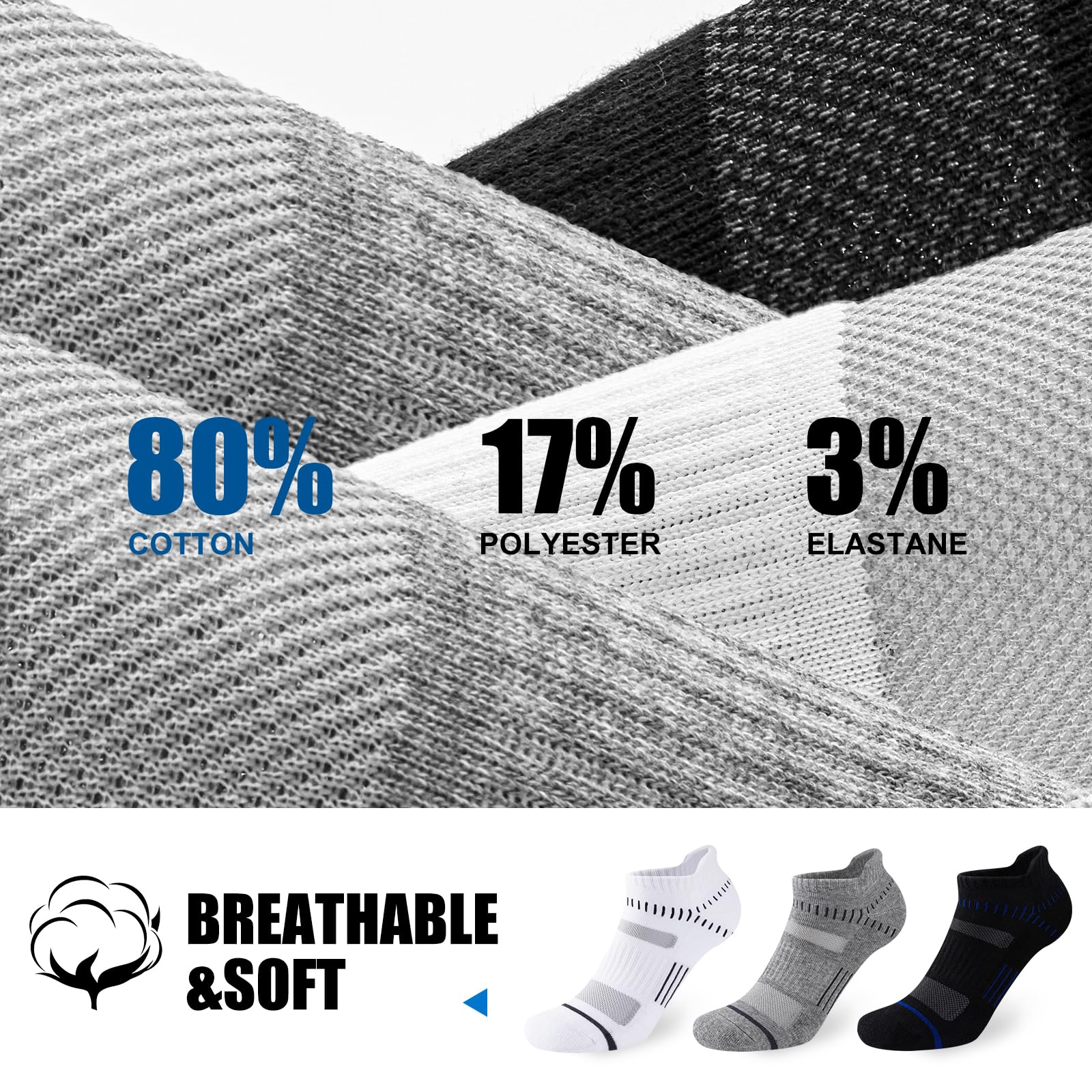 Niofind Męskie Skarpety Sportowe Do Kostek 6 Par, Amortyzujące Unisex, Bawełniane Oddychające Szybkoschnące, Do Biegania Dojazdów Pieszych Wędrówek, Klasyczne Czarne/Białe/Szare