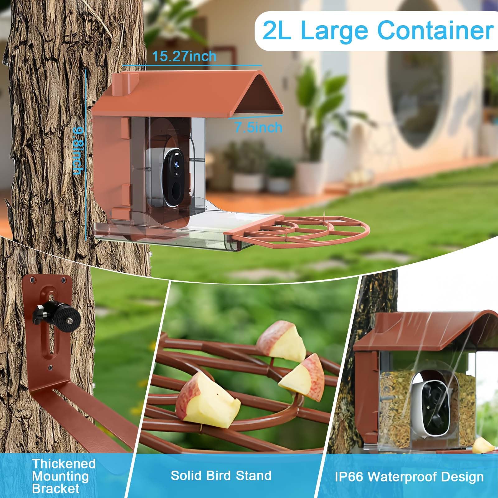 Comedero Pájaros Inteligente Solar con Cámara HD Reconocimiento IA a Prueba de Ardillas 2 litros Capacidad Estación Impermeable para Jardín Patio