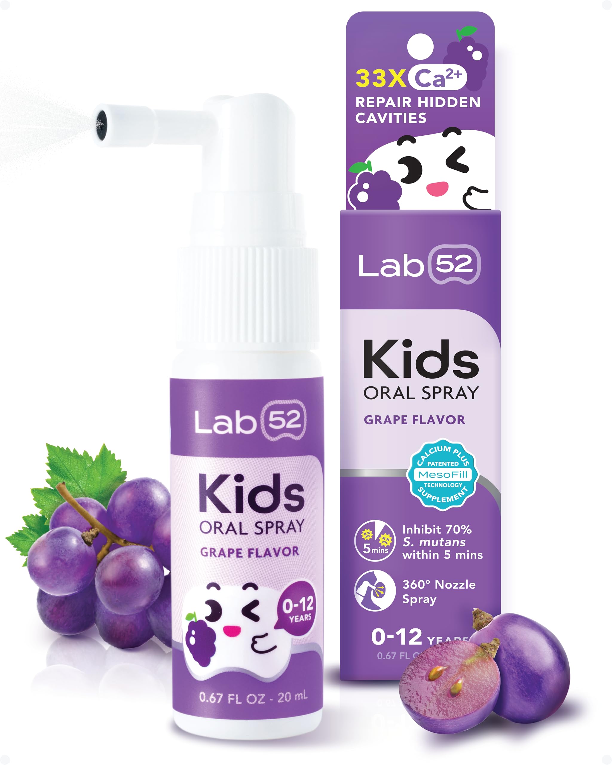 LAB52 Kids Oral Spray, Toddler Toothpaste Helper for Cavity Repair and Fresh Breath, Children Anticavity with Fluoride Free for Newborn to Preschoolers, Xylitol Grape Flavor