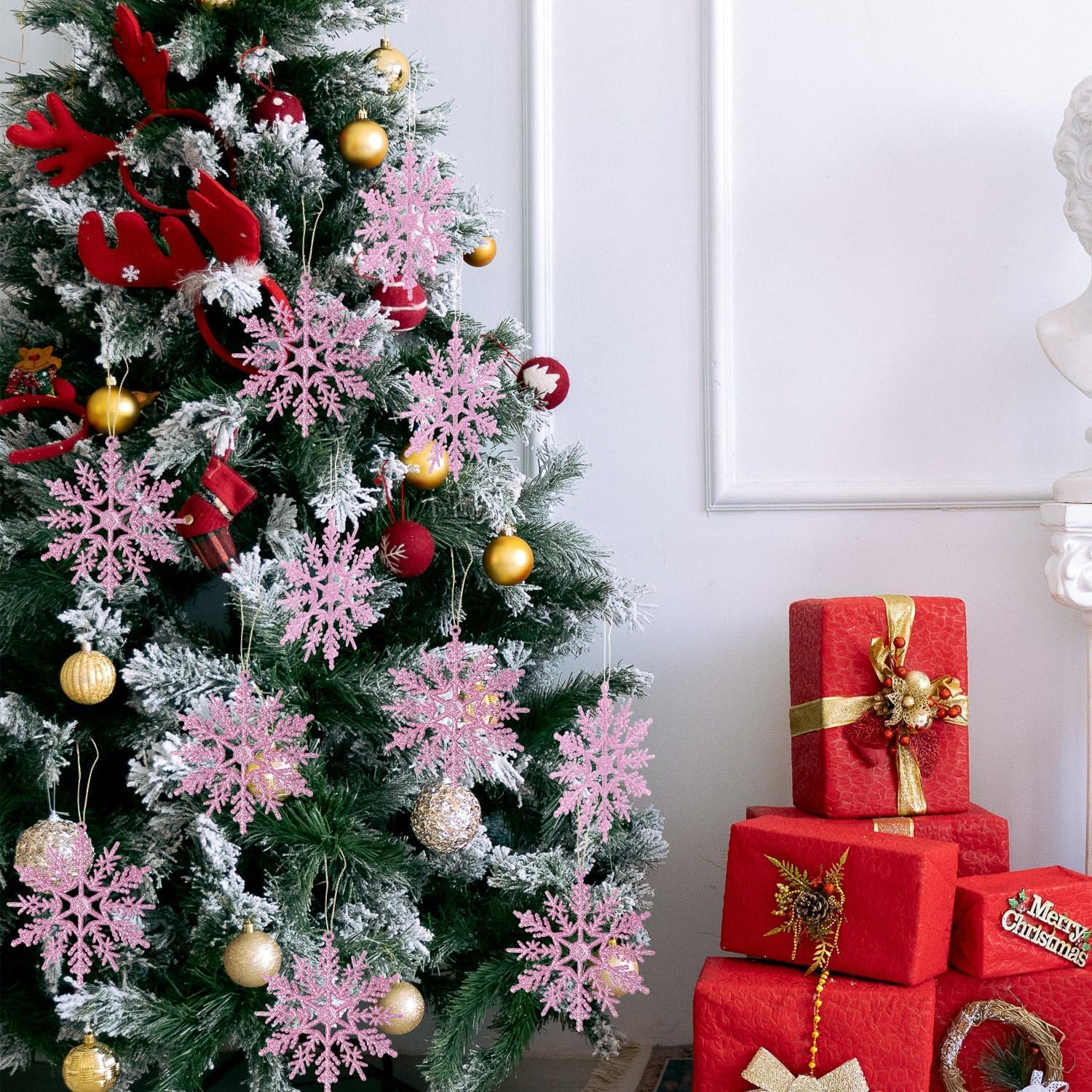SULOLI 12 Piezas Decoración de Copos de Nieve，Adornos de Copo de Nieve con Purpurina,Colgante de Copo de Nieve，Decoraciones Utilizadas para Colgar en el Àrbol de Navidad, Hogar, Empresa（Rosado）