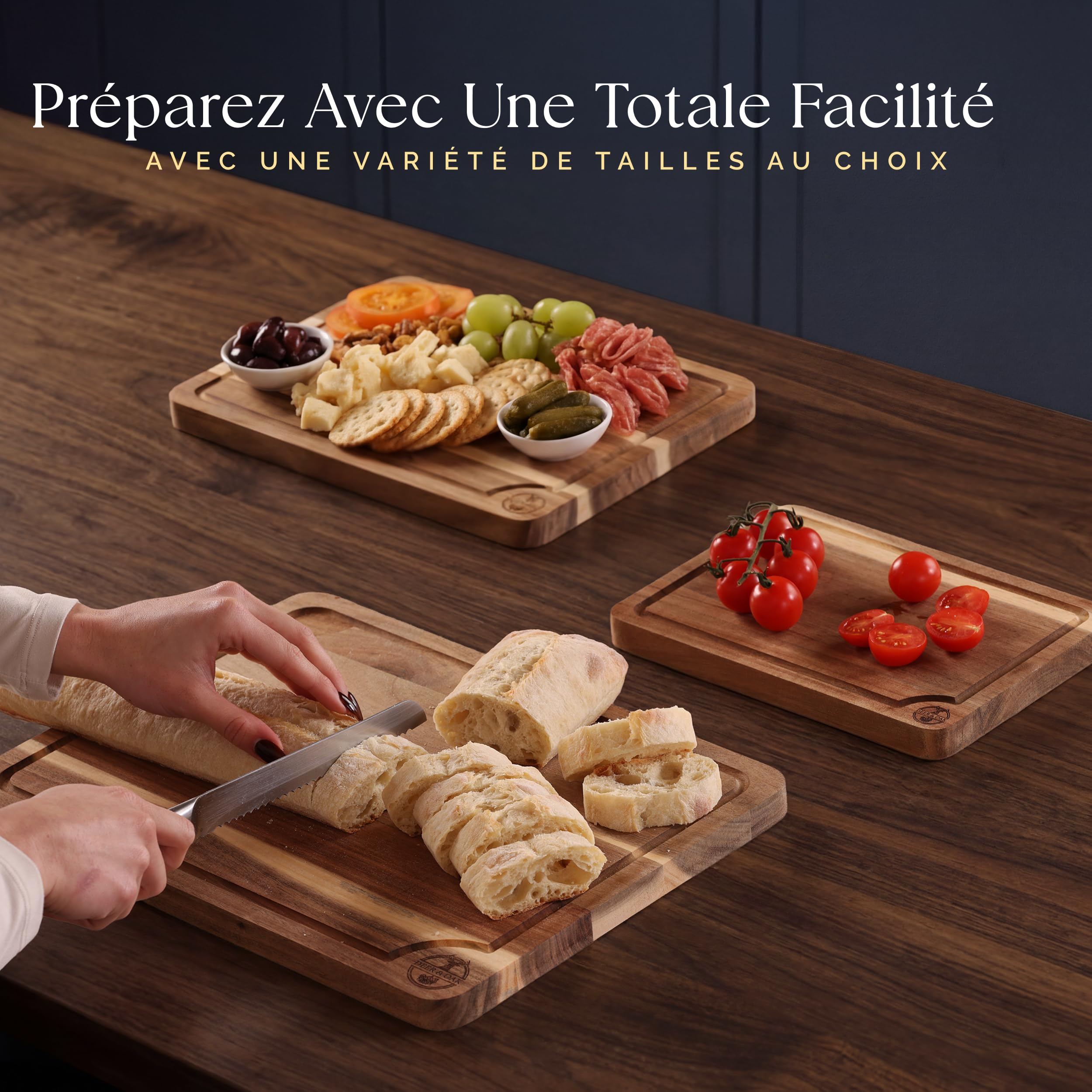 Ensemble de 3 planches à découper en acacia pré-huilées, non toxiques avec support, planches à découper en bois certifiées FSC, comprend 100 ml d'huile pour planche à découper, 3 planches de sculpture