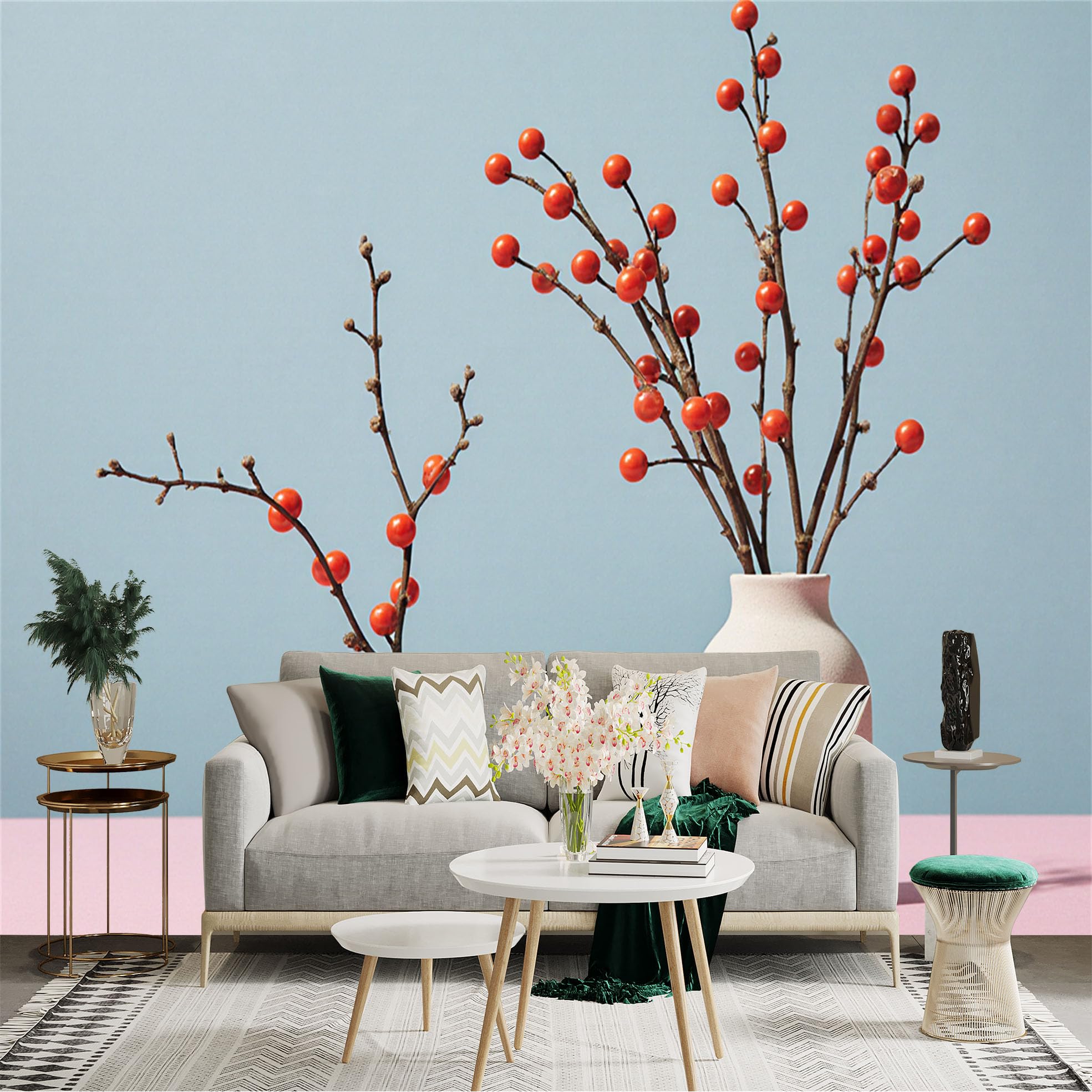 Custom Size Wall Sticker Mural， Minimalist Red Berry Branches in Pastel Vases， Modern Botanical Art， for wall Decoration， peelandstick wall Decals.