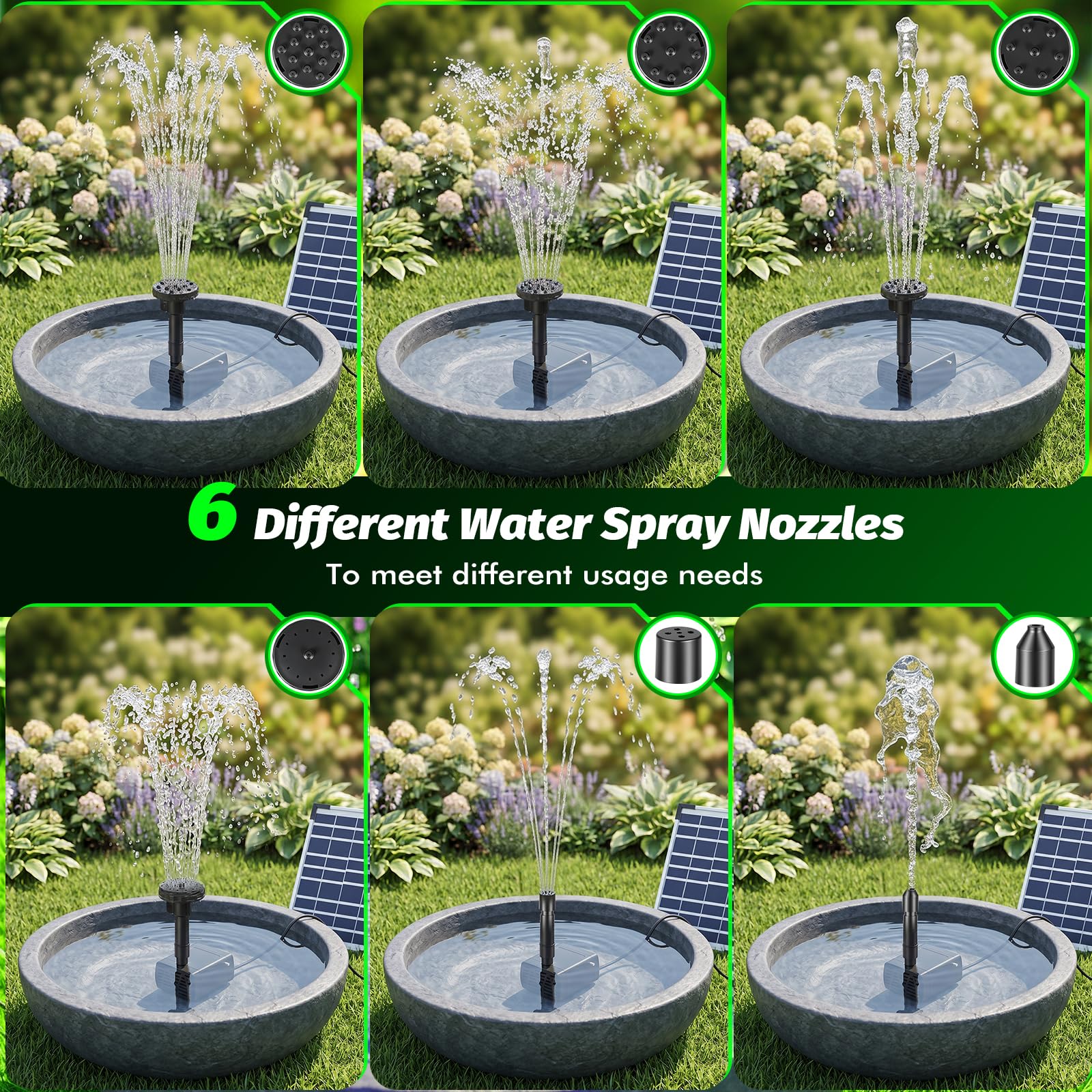 Solar Springbrunnenpumpe 8W mit 3600mAh Akku, Solar Wasserpumpe für Gartenteich Vogelbad, Outdoor Wasserspiel Kit mit 6 Düsen & Trockenlaufschutz, Max Flow 380L/H für DIY Wasserfall Dekor