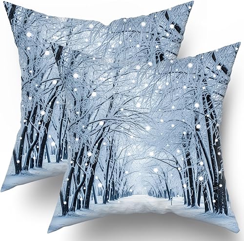 Barneova Juego de 2 fundas de almohada de invierno de 18 x 18 pulgadas, diseño de copo de nieve azul, estampado de bosque natural, fundas Barneova Juego de 2 fundas de almohada de invierno de 18 x 18 pulgadas, diseño de copo de nieve azul, estampado de bosque natural, fundas