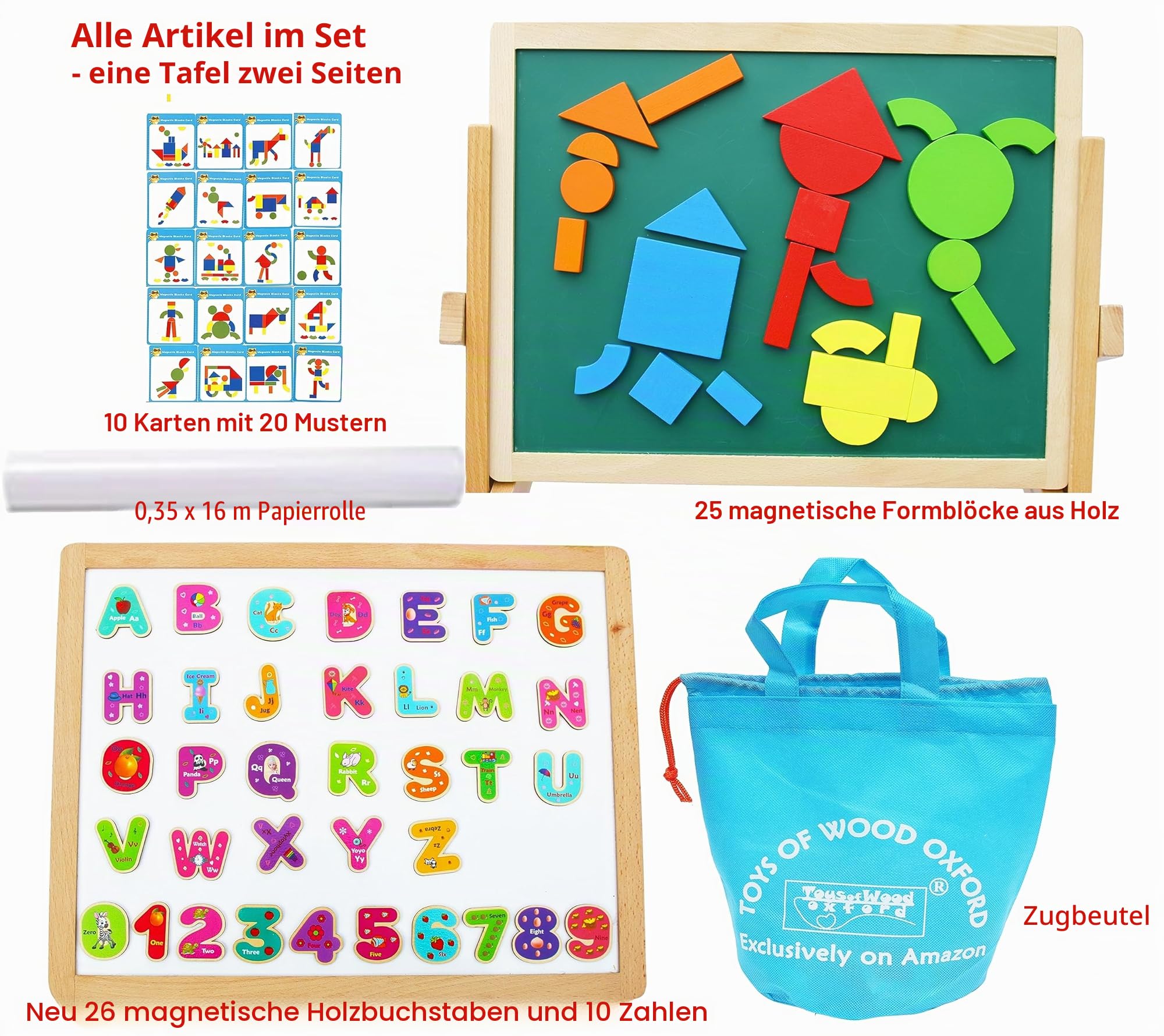Holz Staffelei Kreidetafel Magnettafel für Kinder- mit Magneten Formen Buchstaben Zahlen Stift und Papierrolle - Aufbewahrungssäckchen inklusive - Klappbar und einfach zu verstauen