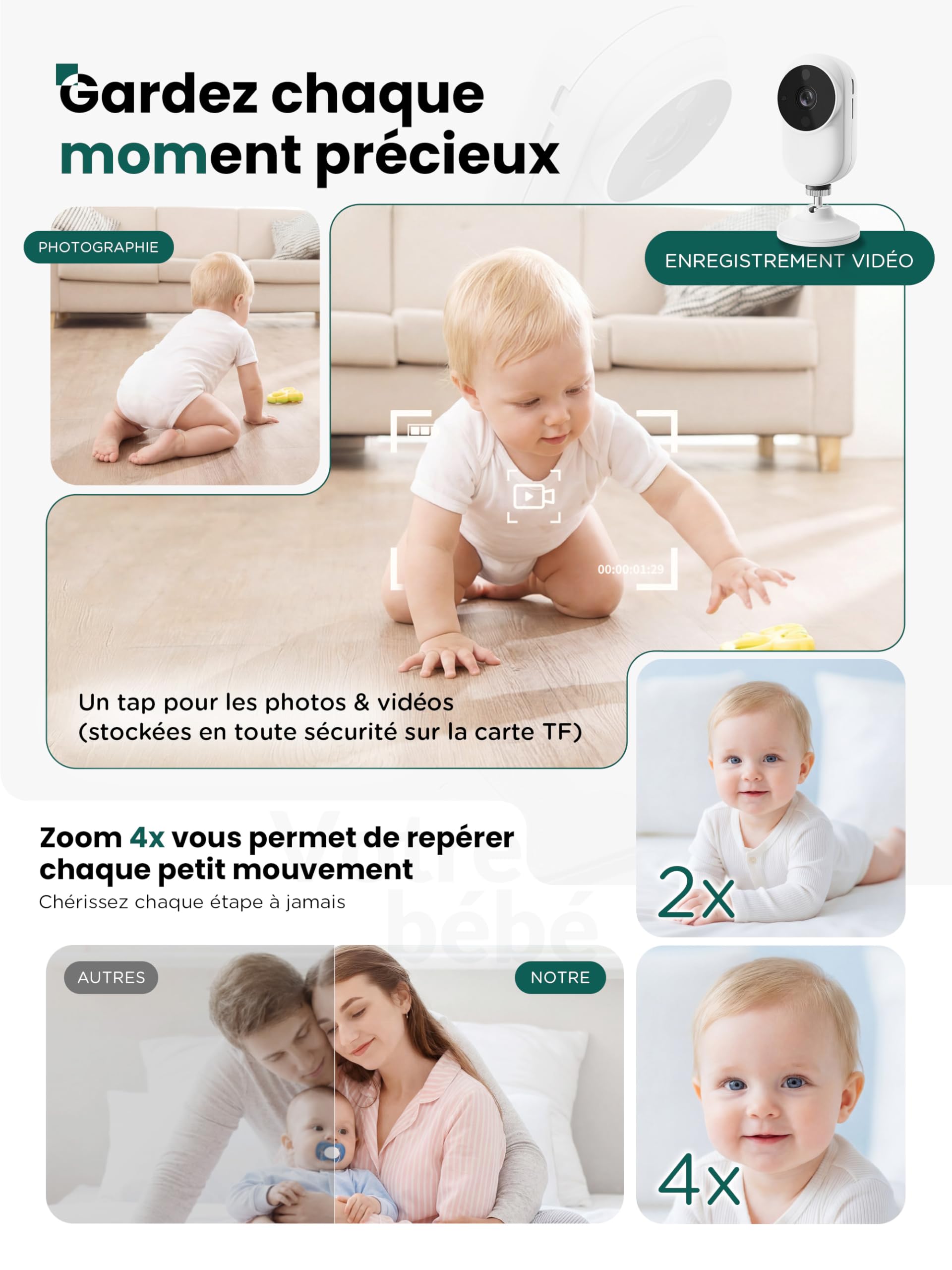 Babyphone Camera avec Clip et Support pour Lit, 1080P Camera Bebe Surveillance Sans WIFI, avec 3.5" IPS écran, Audio Bidirectionnel, Détection des Pleurs, Vision Nocturne, Berceuses, Carte SD Incluse
