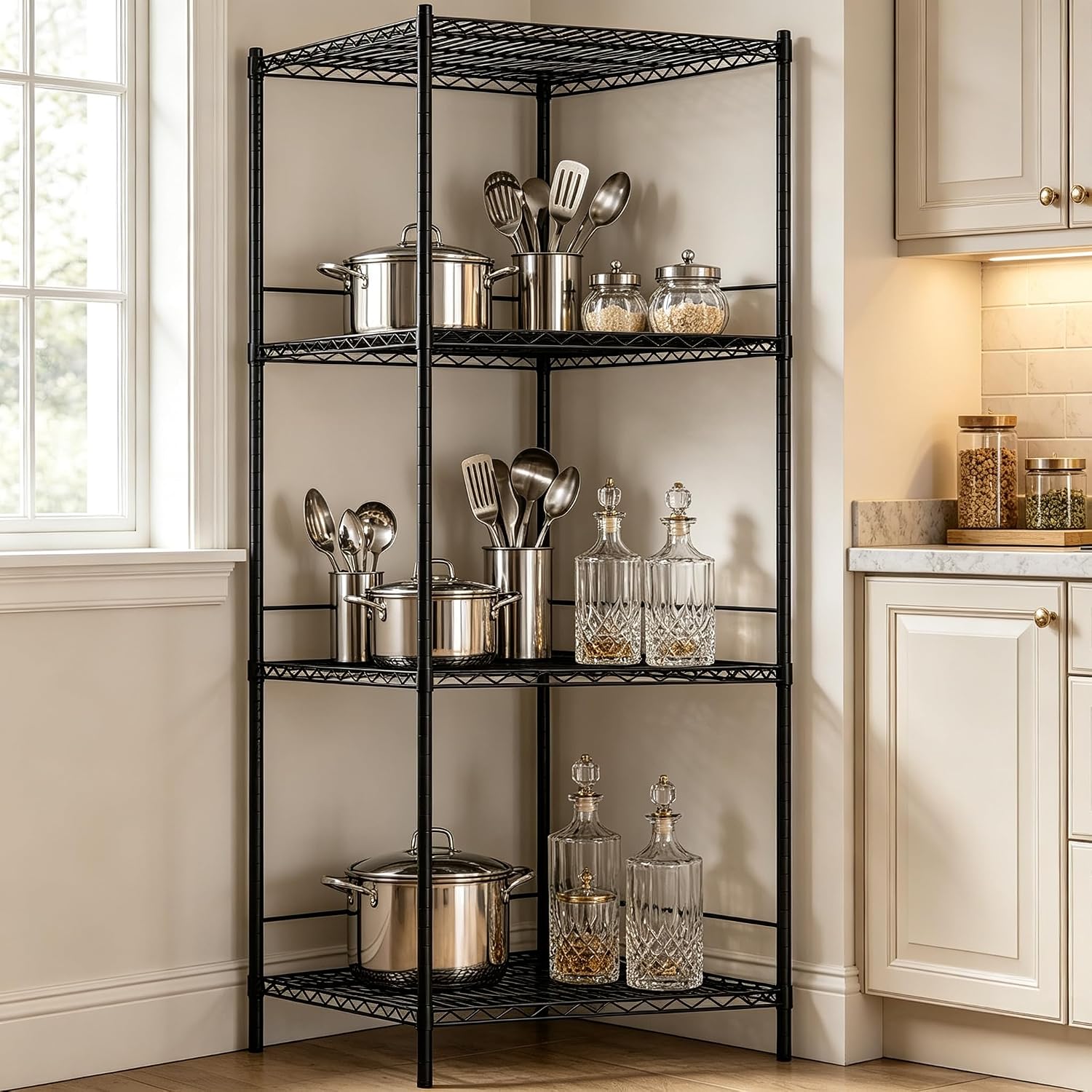 Wire Storage Standing Shelf Rack Tower, Corner Metal Shelving Unit with Adjustable Shelves, Space-Saving Organizer for Garage, Kitchen, Bathroom, 23.5 * 23.5 Inch