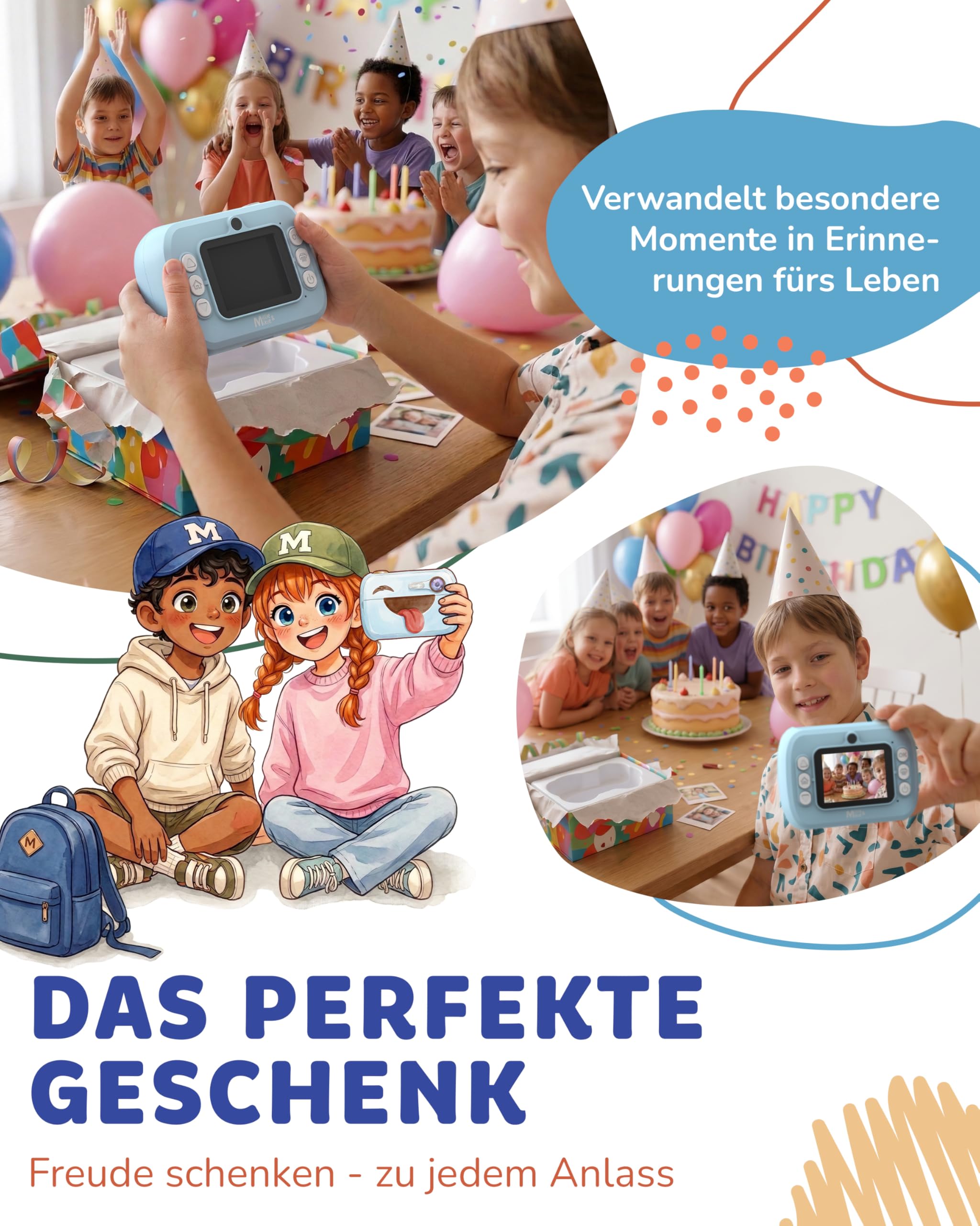 Cámara infantil instantánea para niños, cámara digital de impresión instantánea – Cámara para niños con impresión fotográfica, 16 GB SD, 4 rollos, pegatinas, bolígrafos, USB-C, sin juegos (azul)