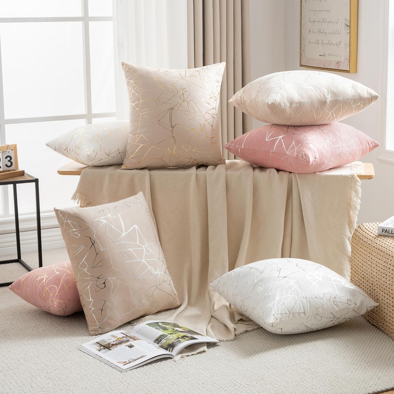 JELLYMONI Sparkling Decorative Pillow Covers Set of 2, 24 x 24 inch Glitter Decorative Pillow Shams White with Silver Streaks, Soft Pillowcases Home Decor for Sofa Couch Bed (Sliver White)