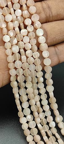 "Hanumat Gems" Lote de 10 hebras de piedras preciosas facetadas de melocotón natural en forma de moneda, cuentas de monedas de piedra lunar, cuentas