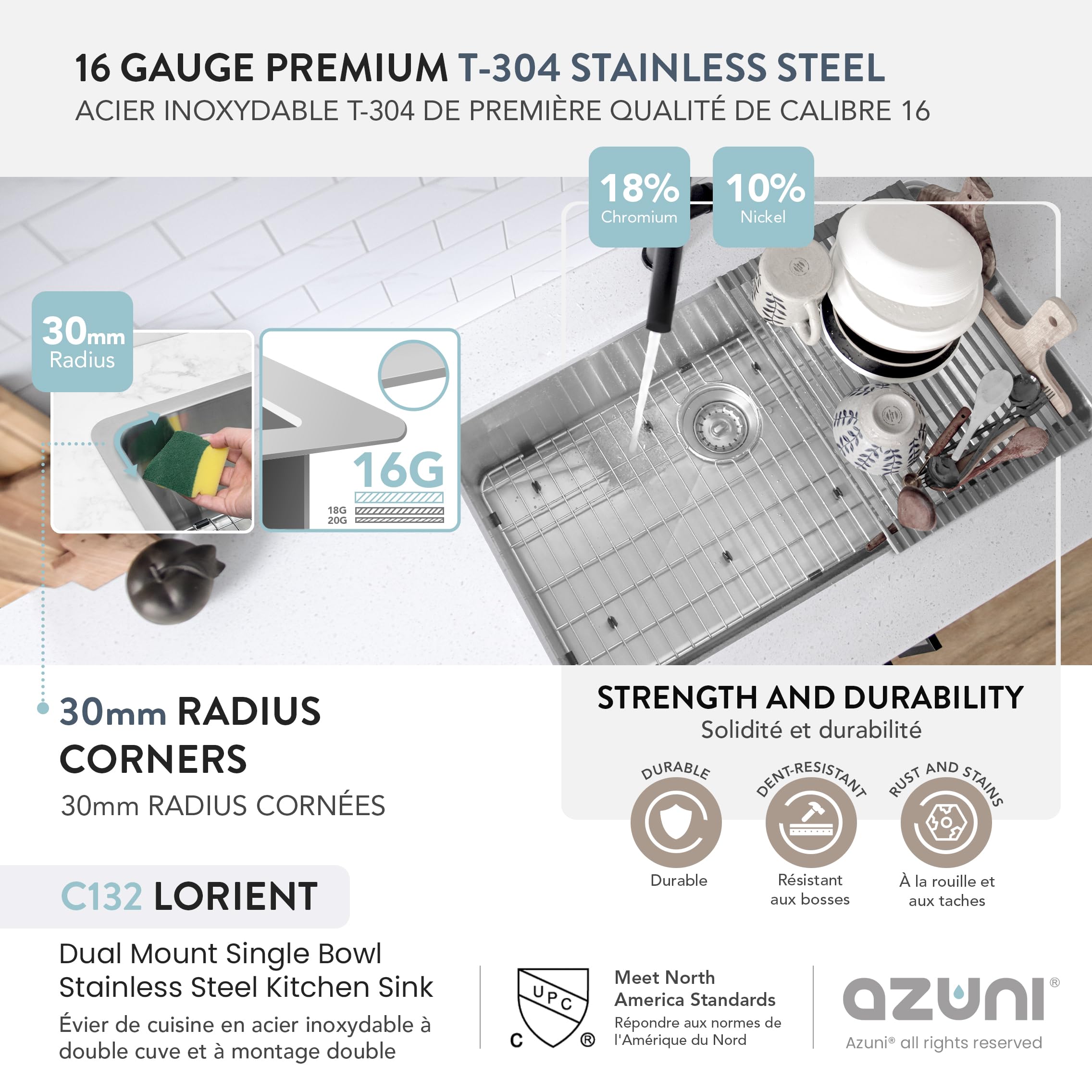 Azuni Lavello da cucina a vasca singola in acciaio inox, 81 cm, 16 G, lavello da cucina a goccia o sottopiano, con griglia inferiore, colino in metallo standard e stendibiancheria, C132