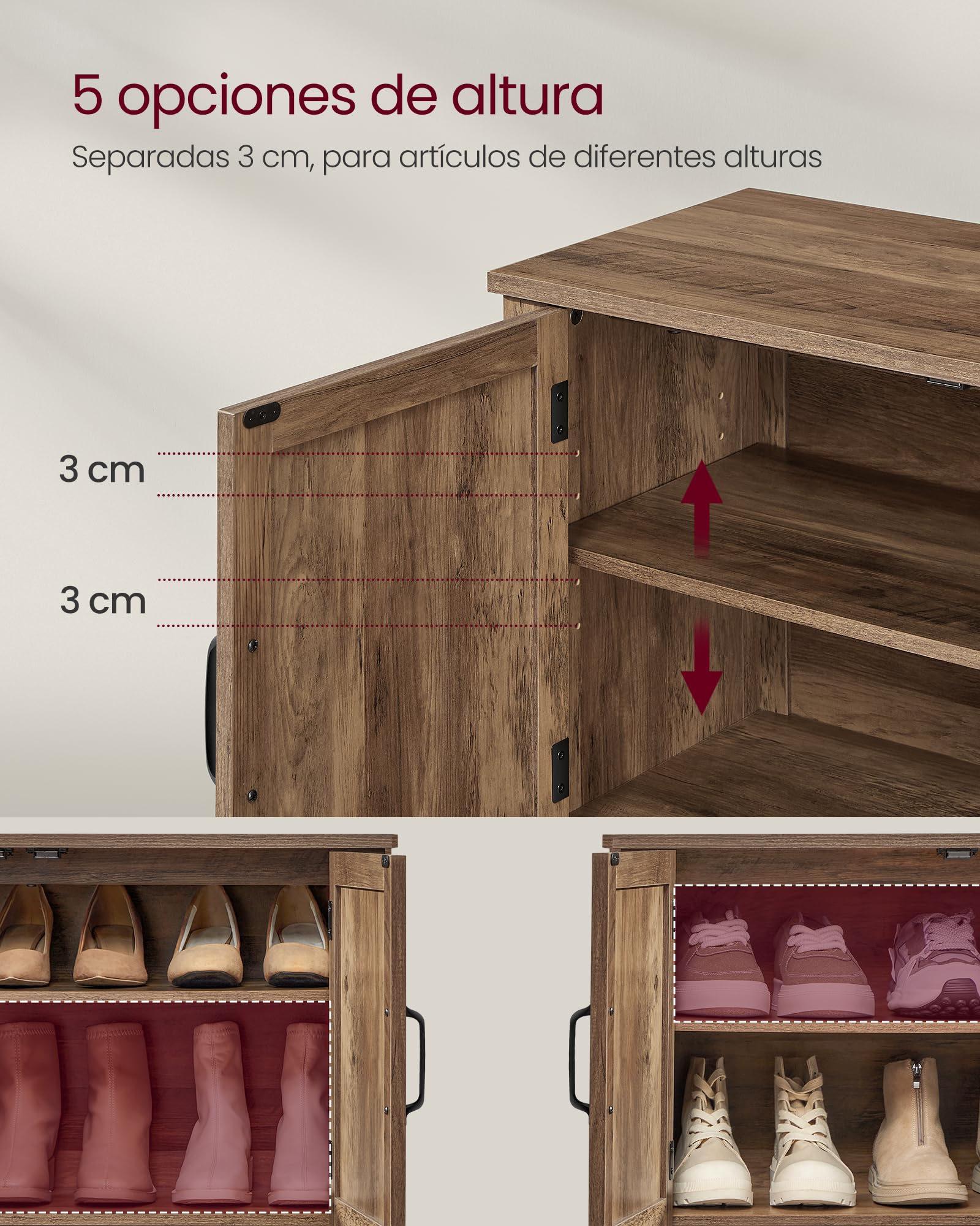 VASAGLE LIRY Colección - Armario Zapatero de 3 Niveles, Zapatero Estilo Americano Tradiconal, Armario con Estante Ajustable en Altura, Asas, Entrada, 35 x 80 x 70 cm, Marrón Miel LBC038B01