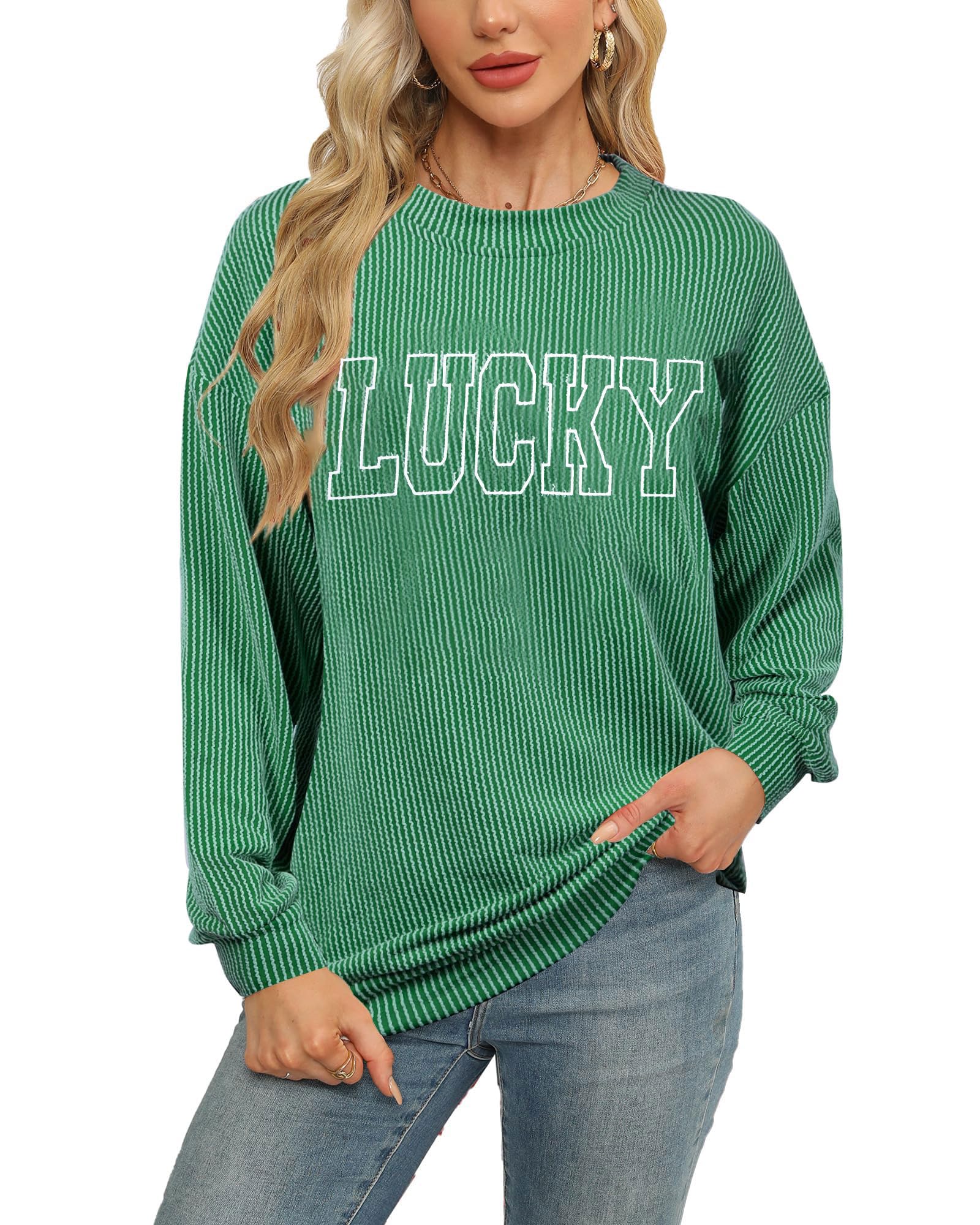 fashgl Women St. Patrick's Day Sweatshirts Shamrock Clover Long Sleeve Shirt Irish Pullover Casual Ribbed Knit Tops-picture-10