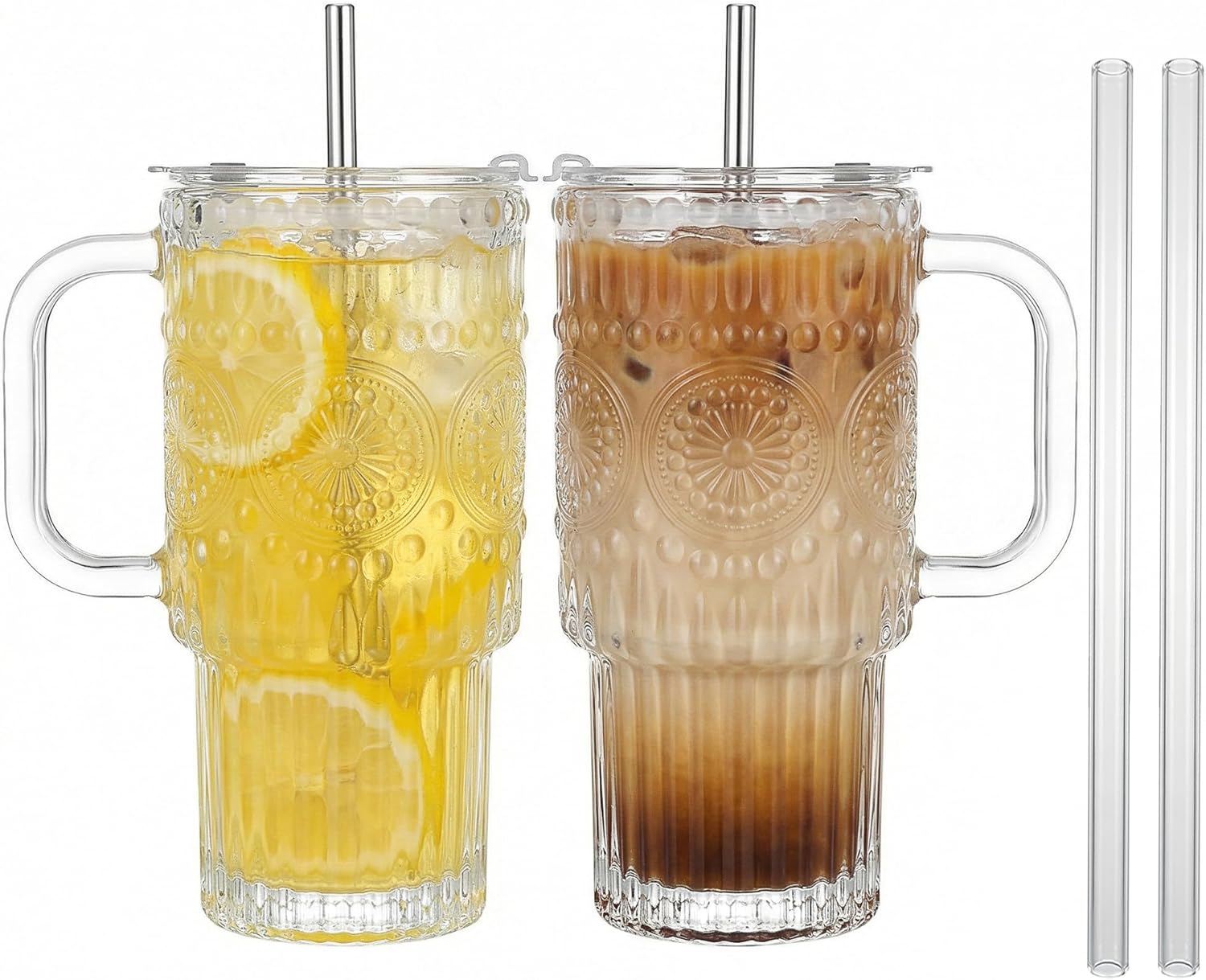 Bandesun 18oz Glass Cups with Lids and Straws, 2Pack Ribbed & Flower Glass Tumblers with Handle–Reusable Iced Coffee Cups with Lids, Leak Proof Drinking Glasses for Smoothie,Juice, Water,Tea