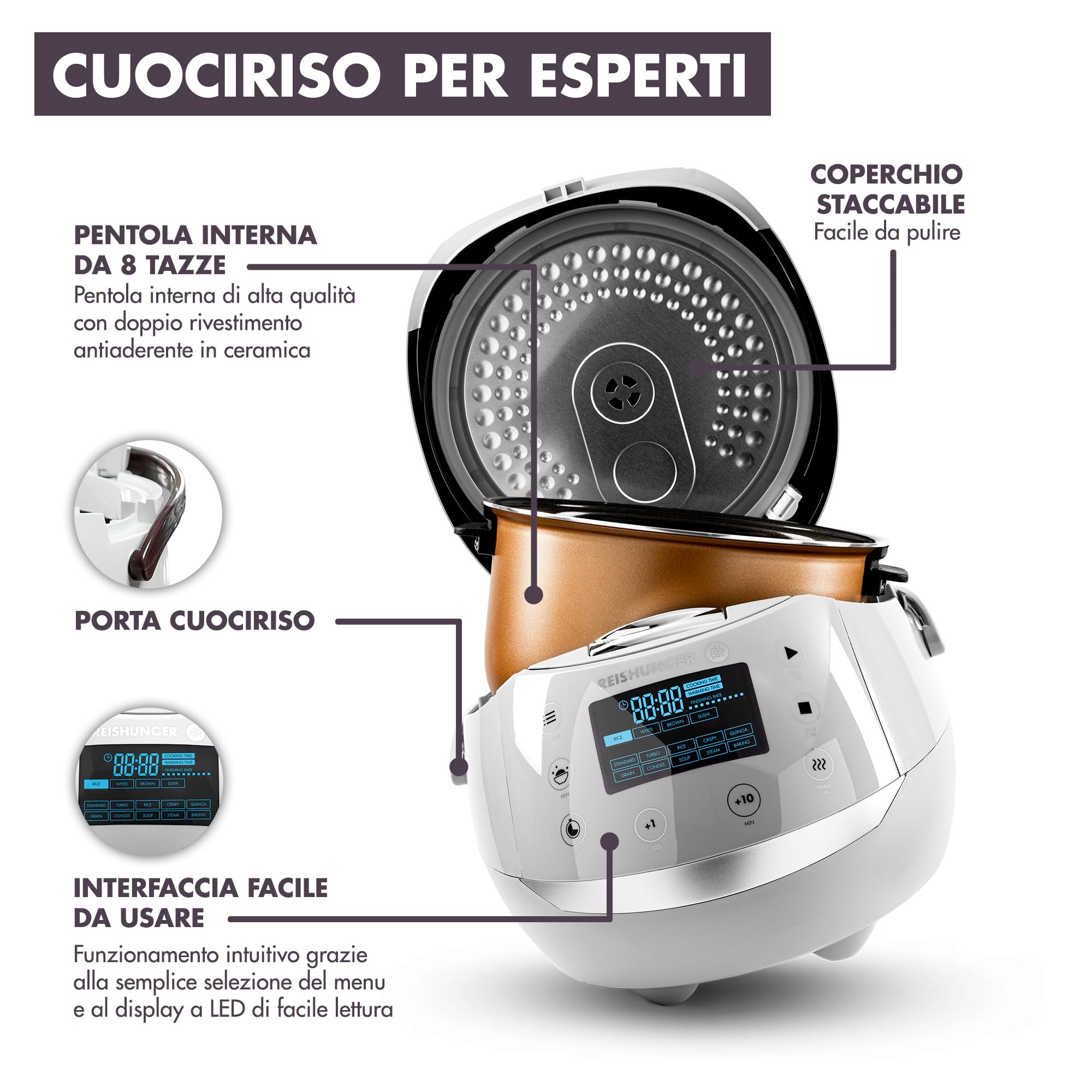 Reishunger Cuociriso Digitale Nero - Vaporiera Multifunzione fino a 8 Persone con 12 Programmi, Tecnologia a 7 Fasi - Con Display LED e Funzione di Mantenimento del Caldo