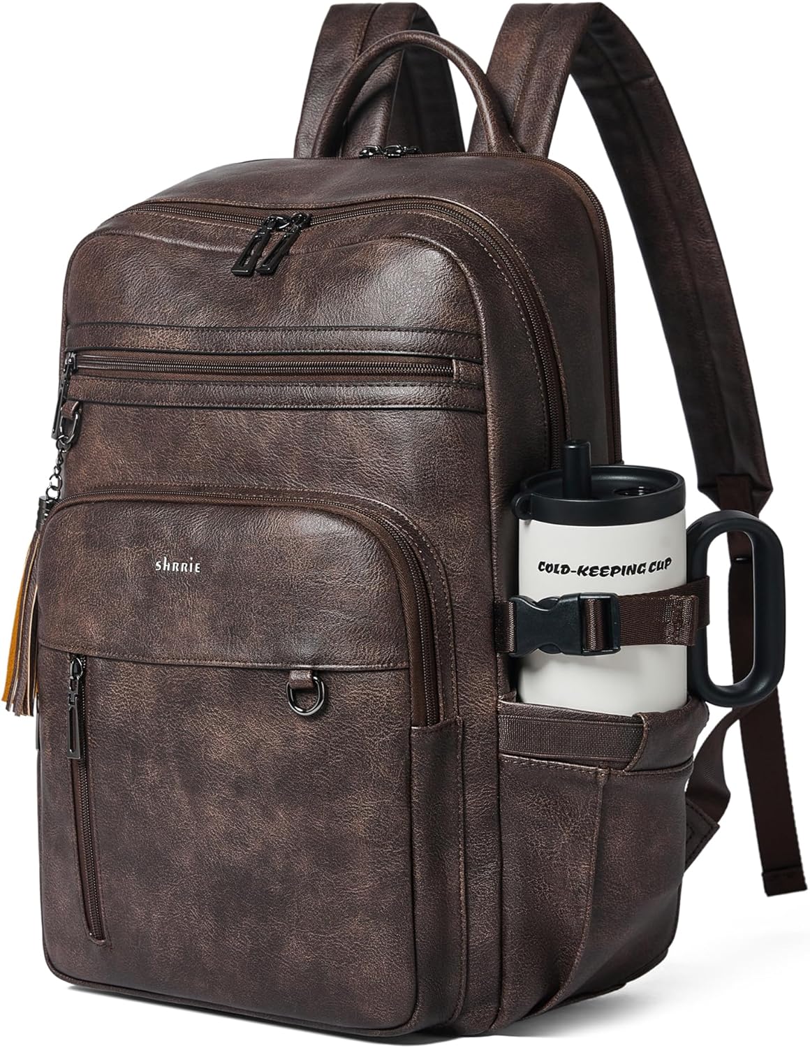 Shrrie Vegan Leather Laptop Backpack for Women,17 Inch Computer Backpack Purse for Work Business College Travel Teacher Nurse with Anti-theft Pocket & Giant Tumbler Holder Pocket,Chocolate