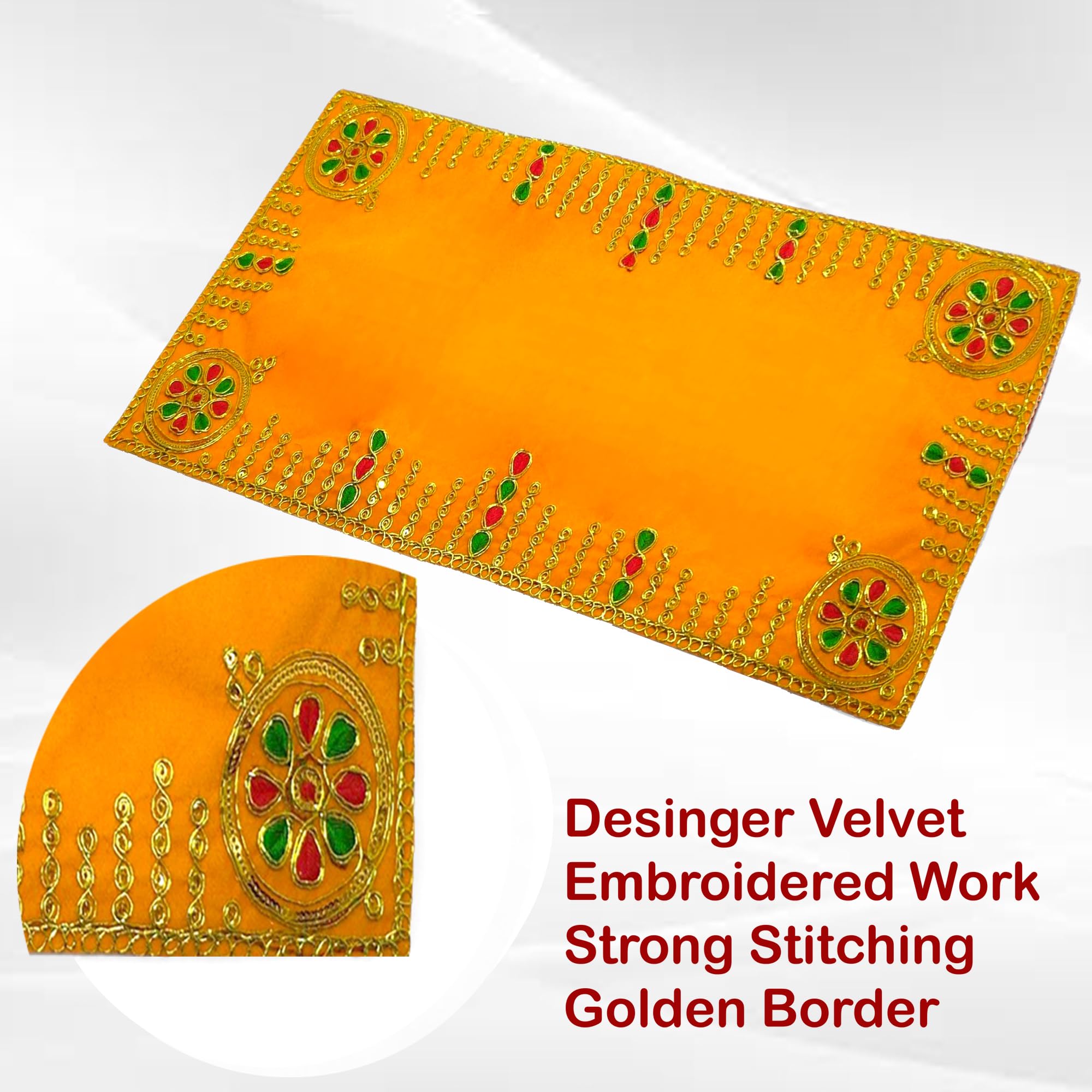 Achleshwar Designer Velvet Embroidered Pooja Aasan Cloth 20X30 inch Yellow | Chowki Aasan for God Idol | Mandir Table Altar Cover for Temple, Puja Shelf, Diwali Decoration Pack 0f 1 2