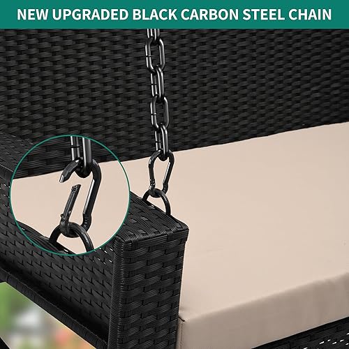 Miniatura 3 de YITAHOME Silla columpio colgante de mimbre para porche, 2 asientos, para exteriores, ratán negro, con 2 cojines de respaldo, capacidad de 530 libras
