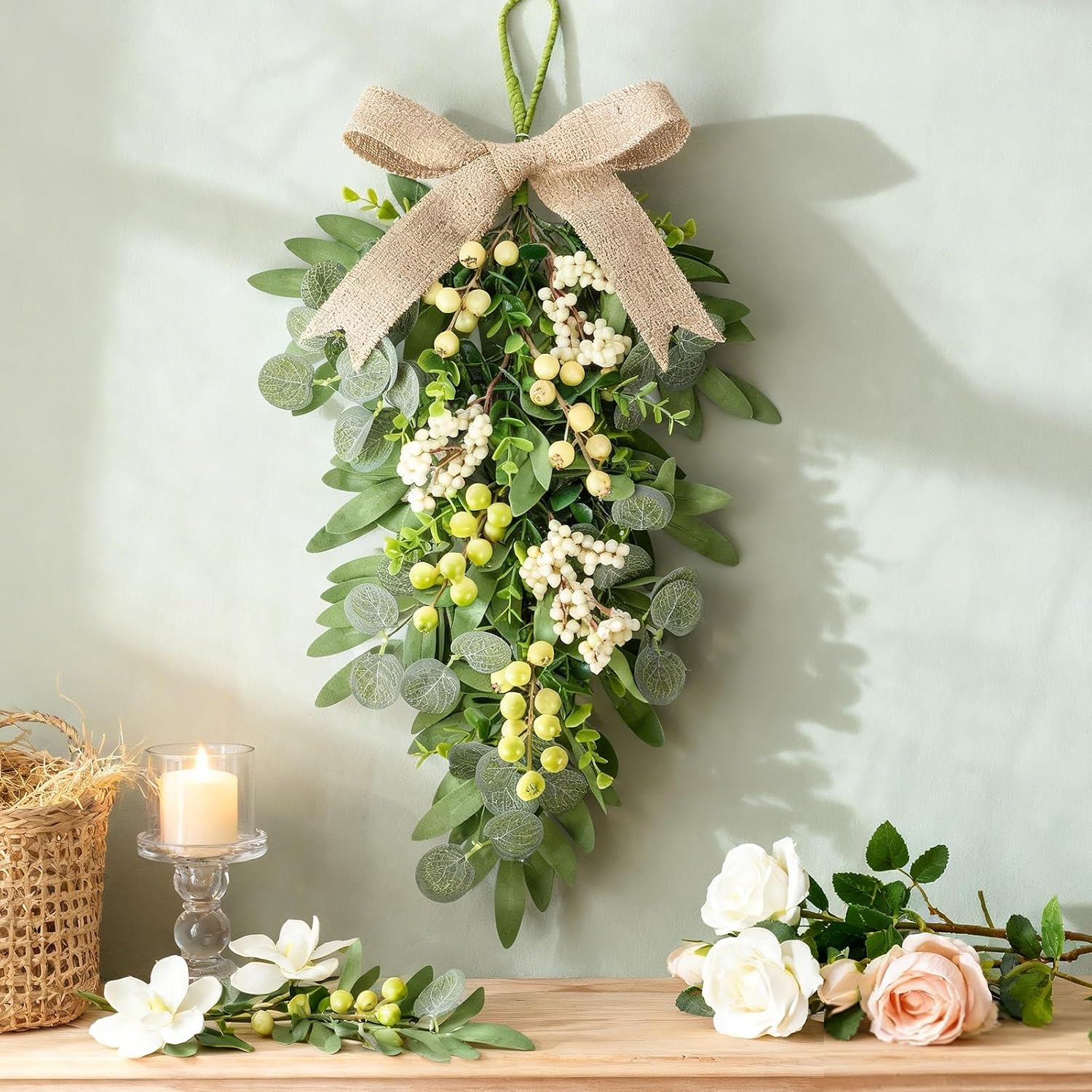 3 Pcs Spring Eucalyptus Teardrop Swag Arch Wreath Sets 24" Greenery Swag Decor with Linen Bows & Ribbons Eucalyptus & Olive Leaf Teardrop Wreaths for Outdoor Indoor Window Mirror Wall Front Door