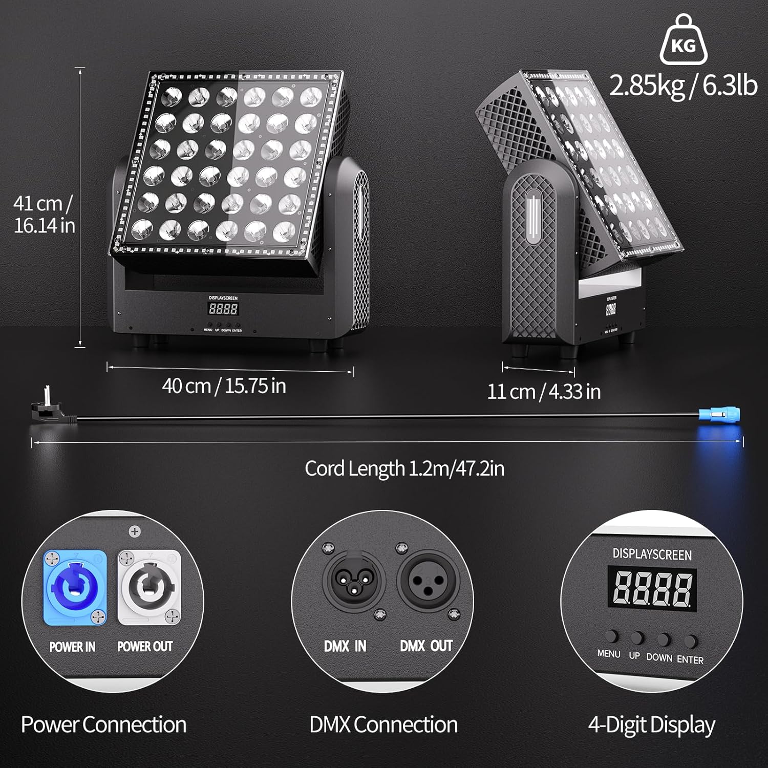 Close-up view of the rear panel of the light showing Power In/Out, DMX In/Out, and the 4-digit display with control buttons.