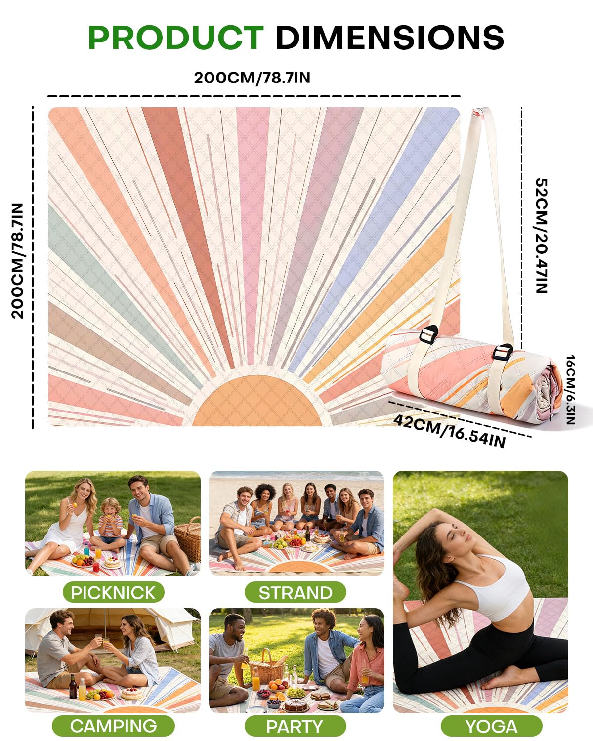 Picknickdecke 200x200 cm, Wasserdicht & Waschbar, Dreischichtige Struktur, Faltbare Stranddecke für 4-6 Personen, Tragbar Campingdecke mit Trageriemen für Picknick, Camping, Strand