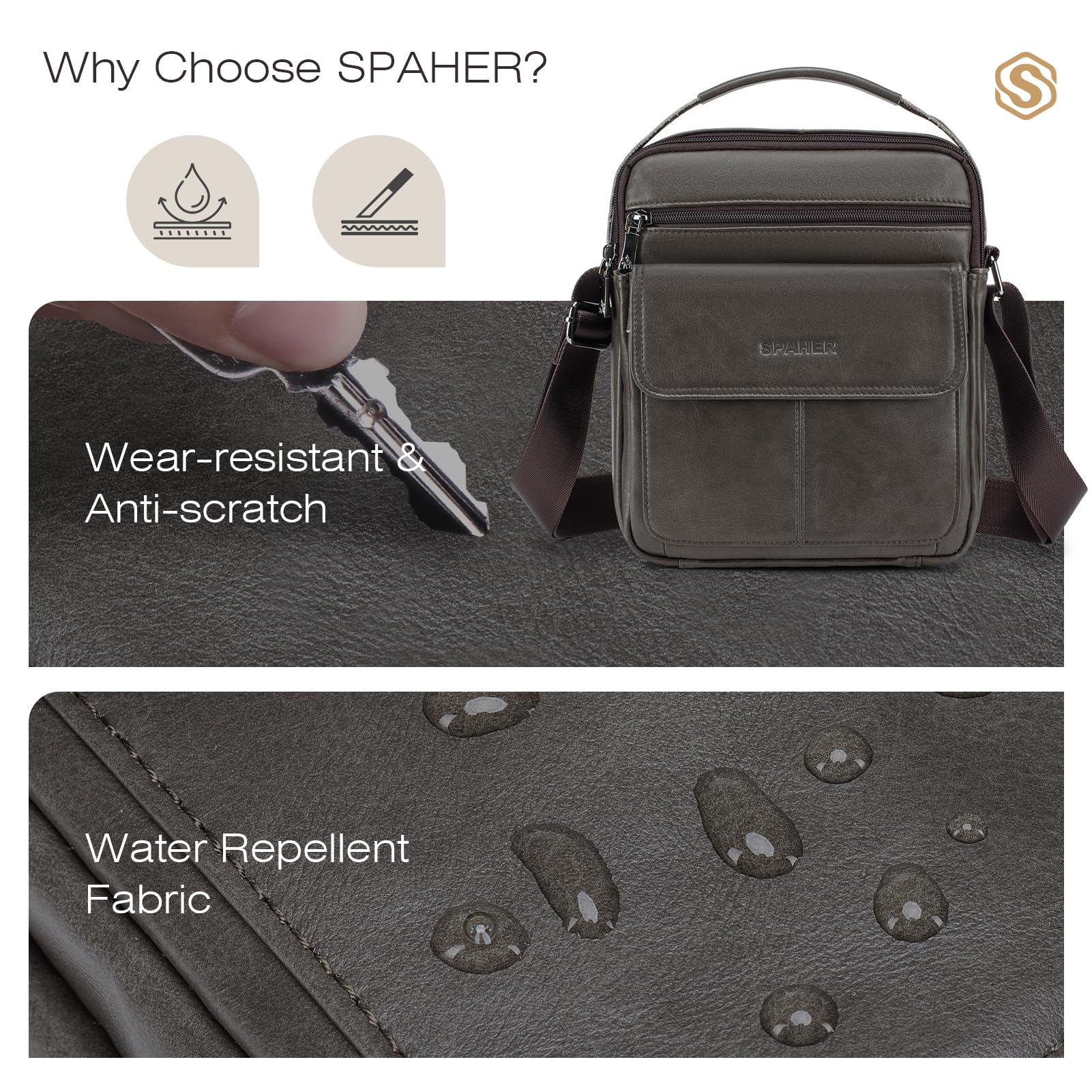 SPAHER Borsello Uomo Tracolla Pelle Grande Borsello per Ipad 11 Pollici Borsa Tracolla Impermeabile Borsetta Marsupio Uomo Multitasche per Quotidiano Lavoro Messenger Crossbody Sling Bag,Caffè