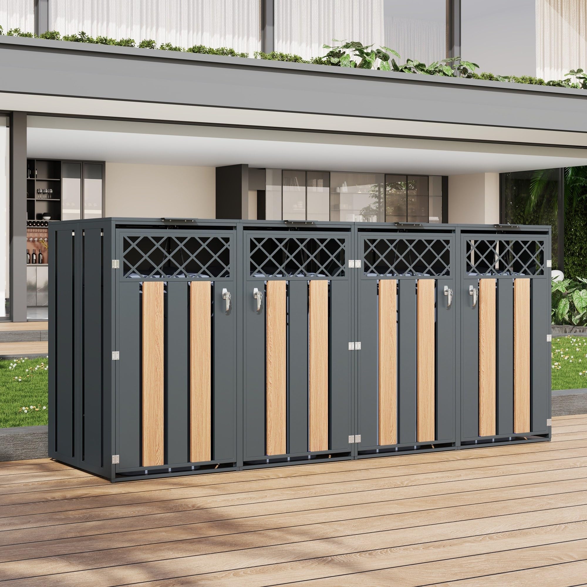 Mülltonnenbox 4-Er Mülltonnenhaus Für 4X Tonnen 120 Und 240 Liter, Stahl Verzinkt, Mit Klappdeckel, Rautenförmige Lüftungsöffnung, Trash Storage Compartments,Abschließbar,4 bin