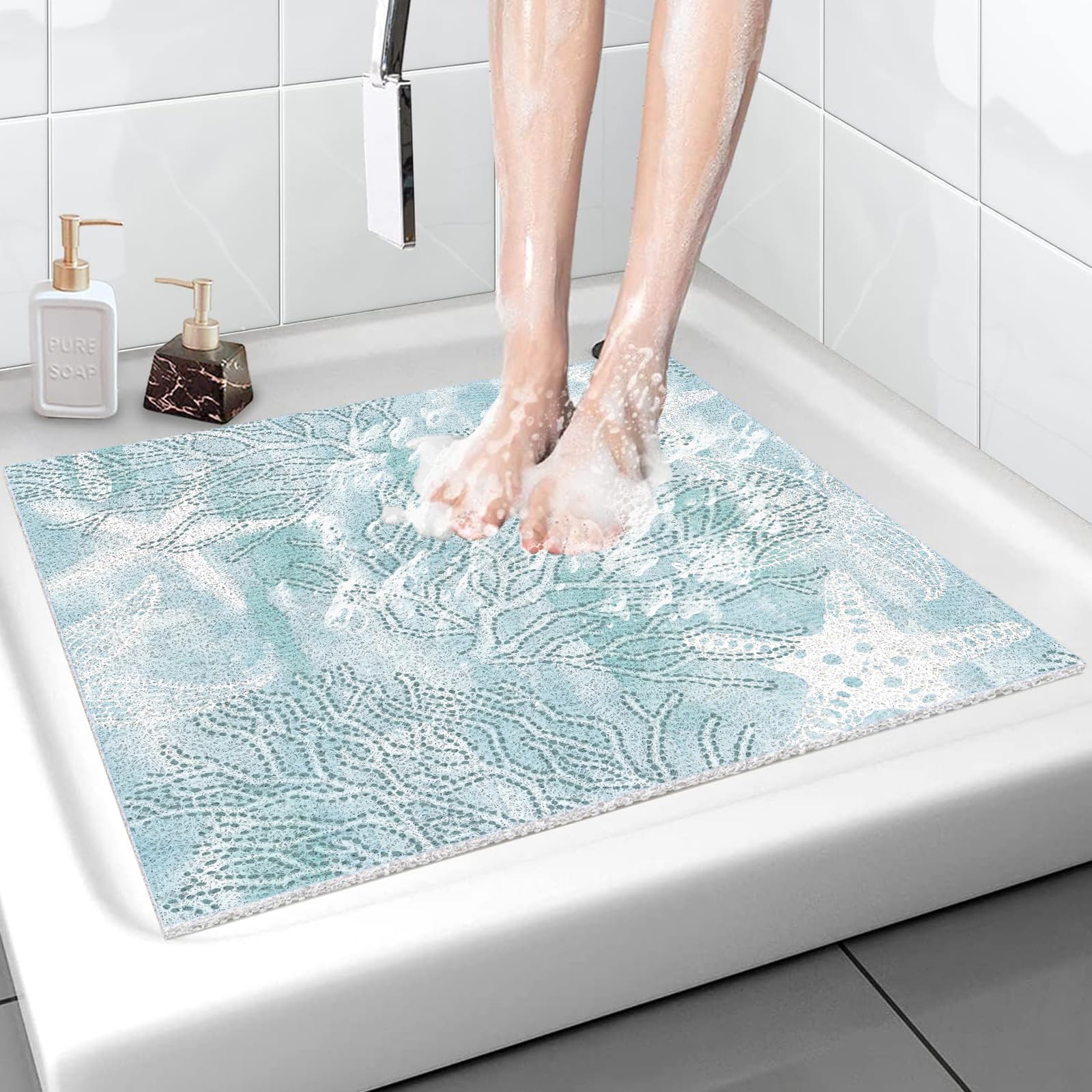 Hombys Non Slip Shower Mat - 27x27 In, Drain Hole, Secure, PVC Loofah, Boho S