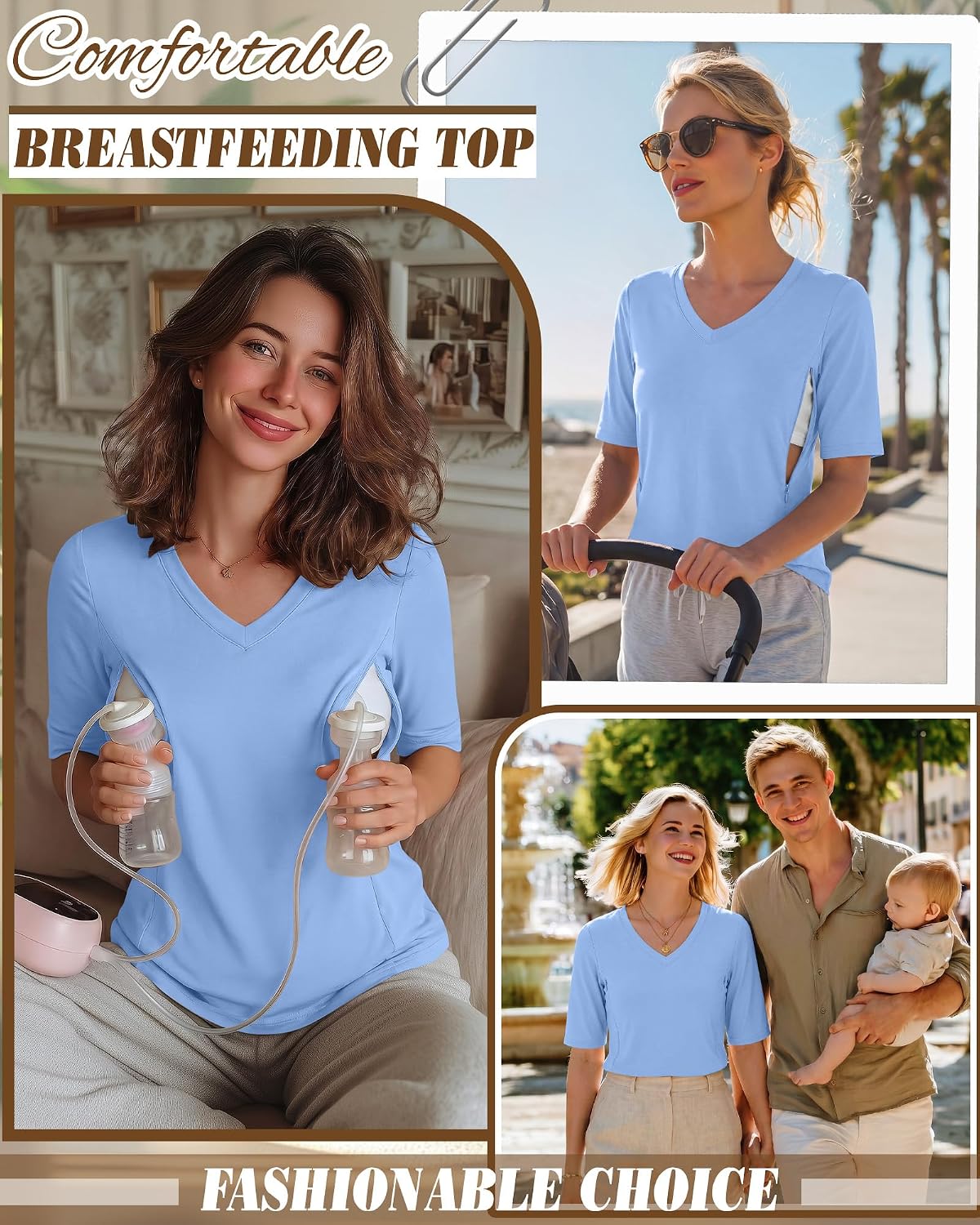 Neer Women's Nursing Shirts for Breastfeeding with Hidden Zipper V-Neck Loose Fit Maternity Half Sleeves Tops Nursing Clothes