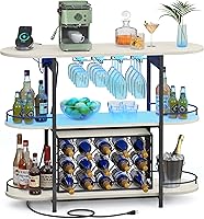 VASAGLE Rustic White Bar Cabinet with LED Lights, Power Outlets, Removable Wine Rack & Glass Holder - Freestanding Mini Bar ULWR007W01S