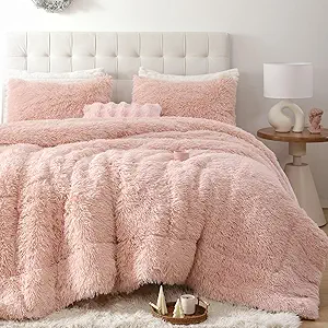 Smoofy Fluffy Twin Comforter Set, Faux Fur Comforter Set Pink, Luxury Fuzzy Twin Bedding Set Pink, Soft Shaggy Bed Set for All Season, 2 Pieces - 1 Comforter & 1 Pillowcase, Blush