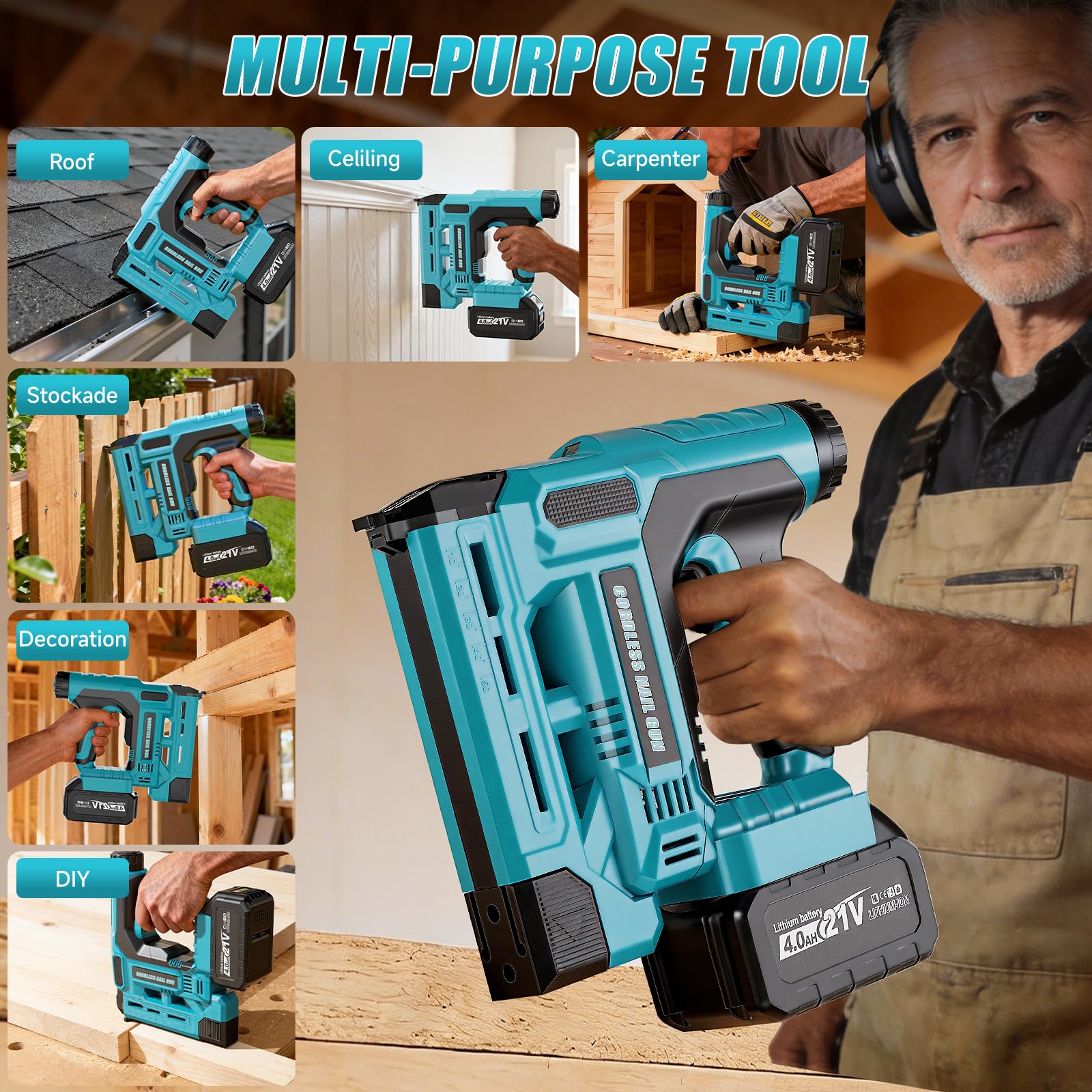 Akku Tacker Kompatibel mit Makita 18V, 18GA 2-in-1 Akku Nagelpistole mit 1x 4.0Ah Akkus, 1000 Nägel & 1000 Klammern, Einstellbare Tiefe, Profi Elektrotacker für Holz & DIY