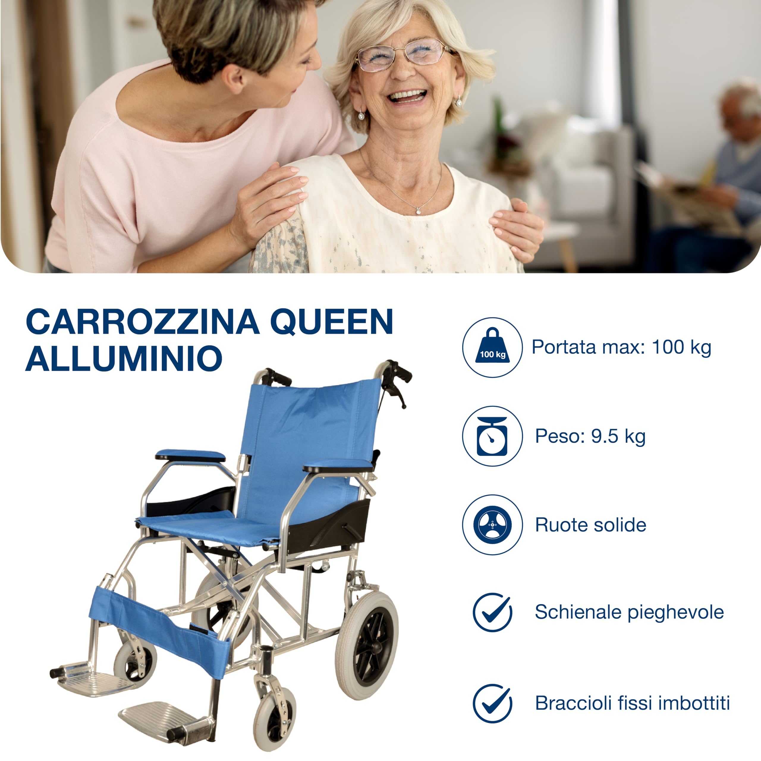 GIMA ref 43250 Silla de ruedas modelo Queen de aluminio, tela azul claro, asiento 46cm, ultra ligera 9.5kg, ruedas delanteras 15cm, ruedas traseras 30 cm con frenos de bloqueo