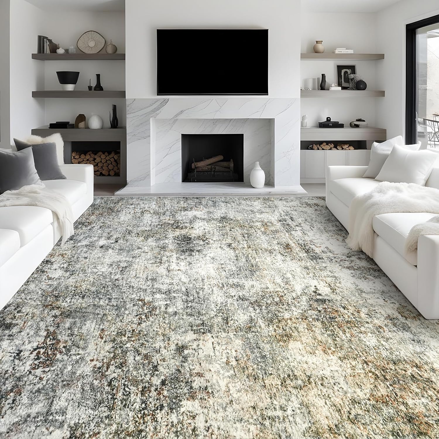 Abstract 9x12 Washable Rug: Modern Ultra Non Slip Area Rug Soft Carpet Foldable Distressed Stain Resistant Neutral Rugs for Living Room Bedroom Decor Large Indoor Farmhouse Rug 9'x12' Brown Gray 9x12 Brown Gray