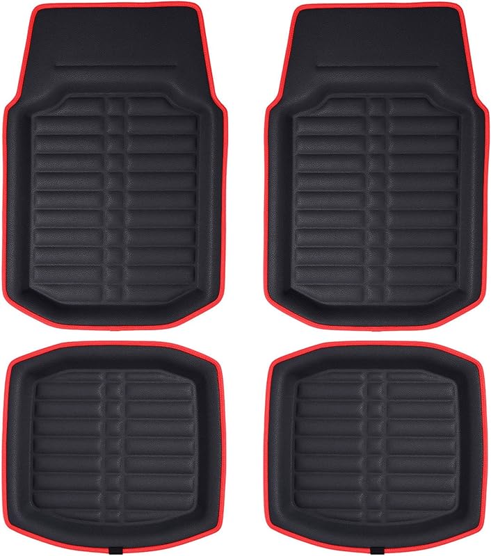 Tapetes Automotivos FH Group em Couro Sintético PU, Tipo Bandeja com Canais Profundos, Vermelho e Preto, Jogo Completo